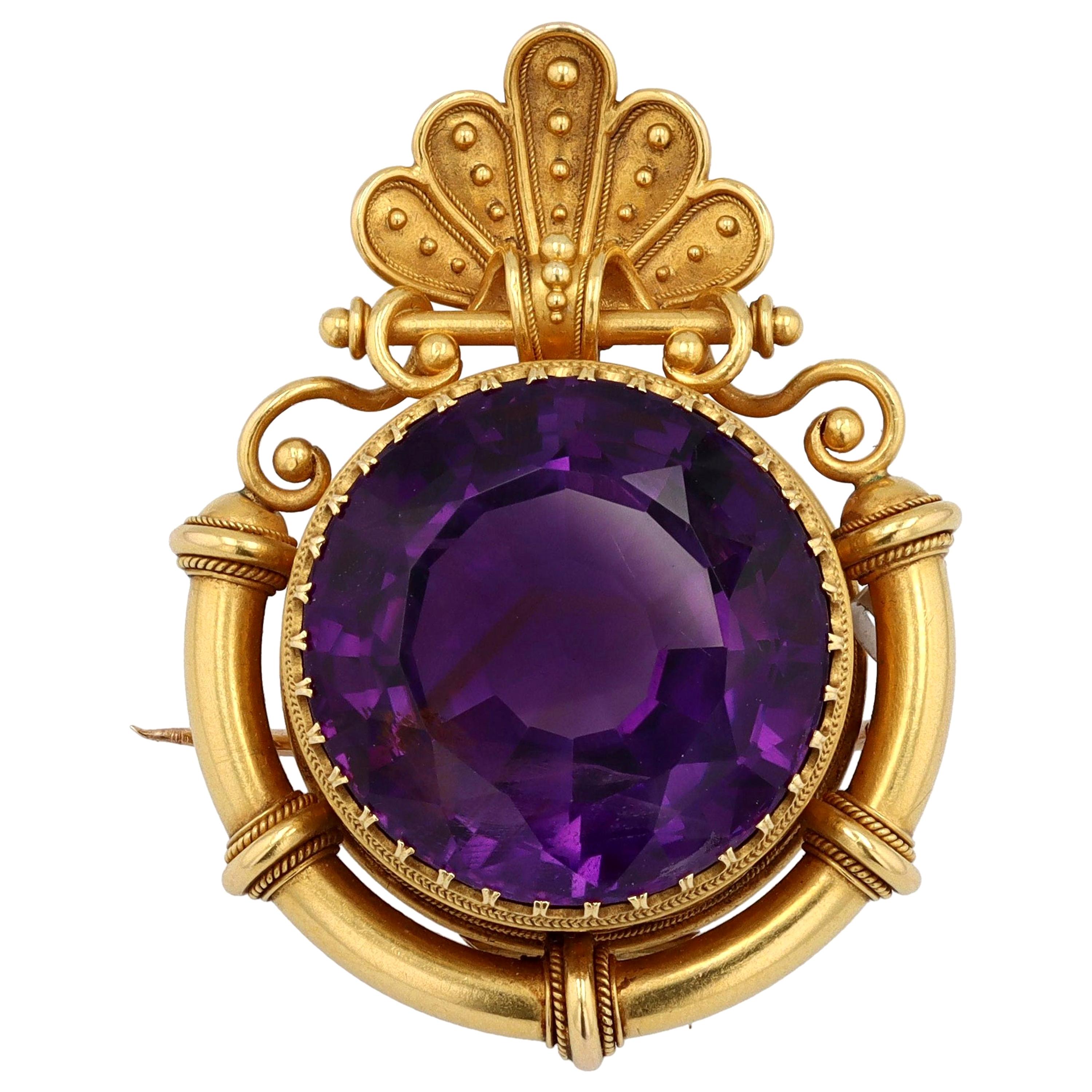 Antique Georgian Round Amethyst and Hand-Detailed 20 Karat Gold Brooch For Sale