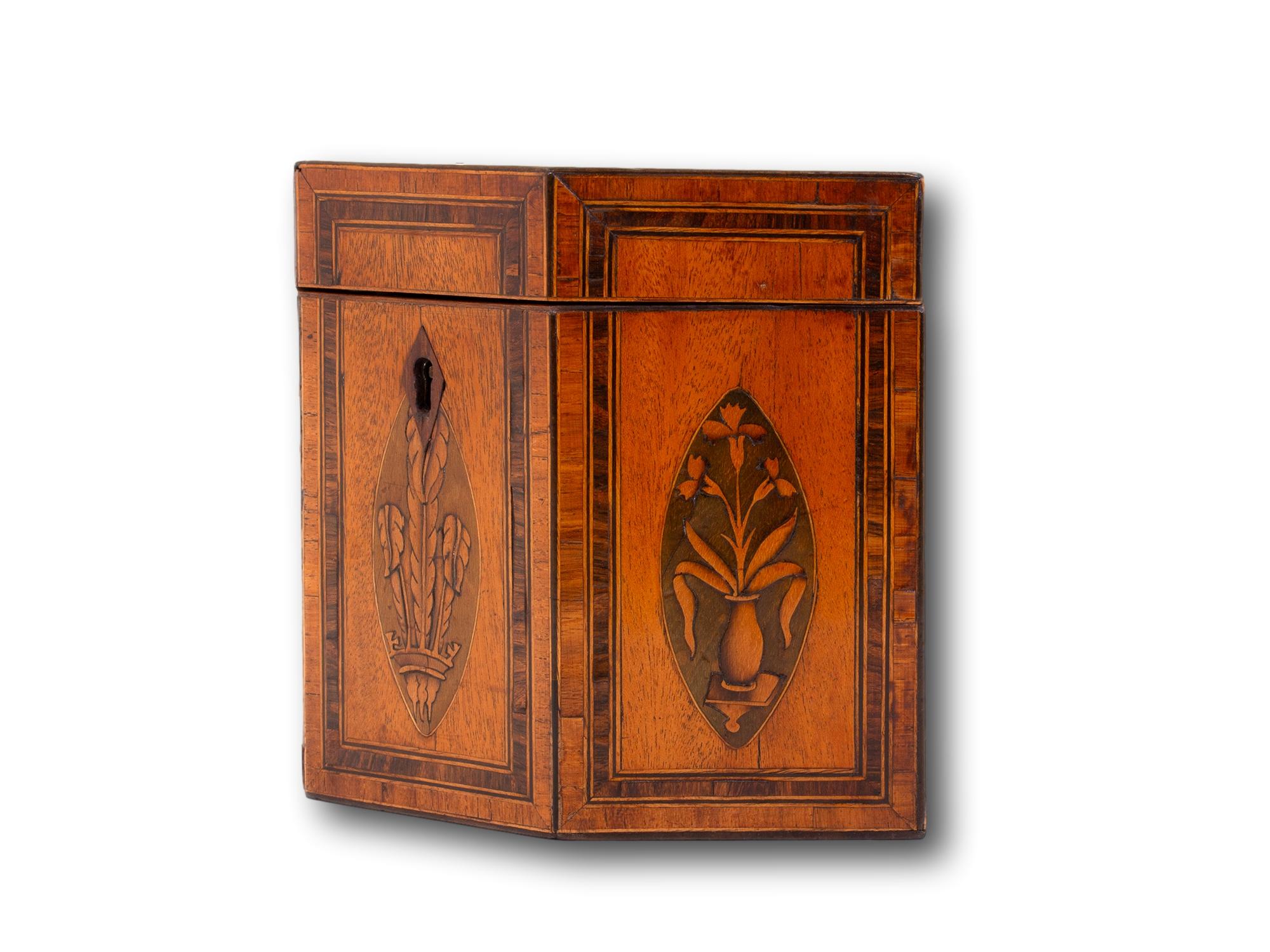 Boxwood Antique Georgian Satinwood Tea Caddy with Prince of Wales Feathers For Sale