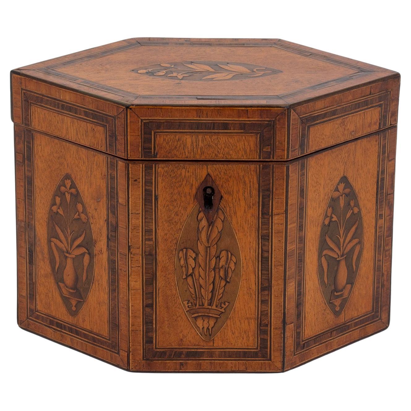 Antique Georgian Satinwood Tea Caddy with Prince of Wales Feathers