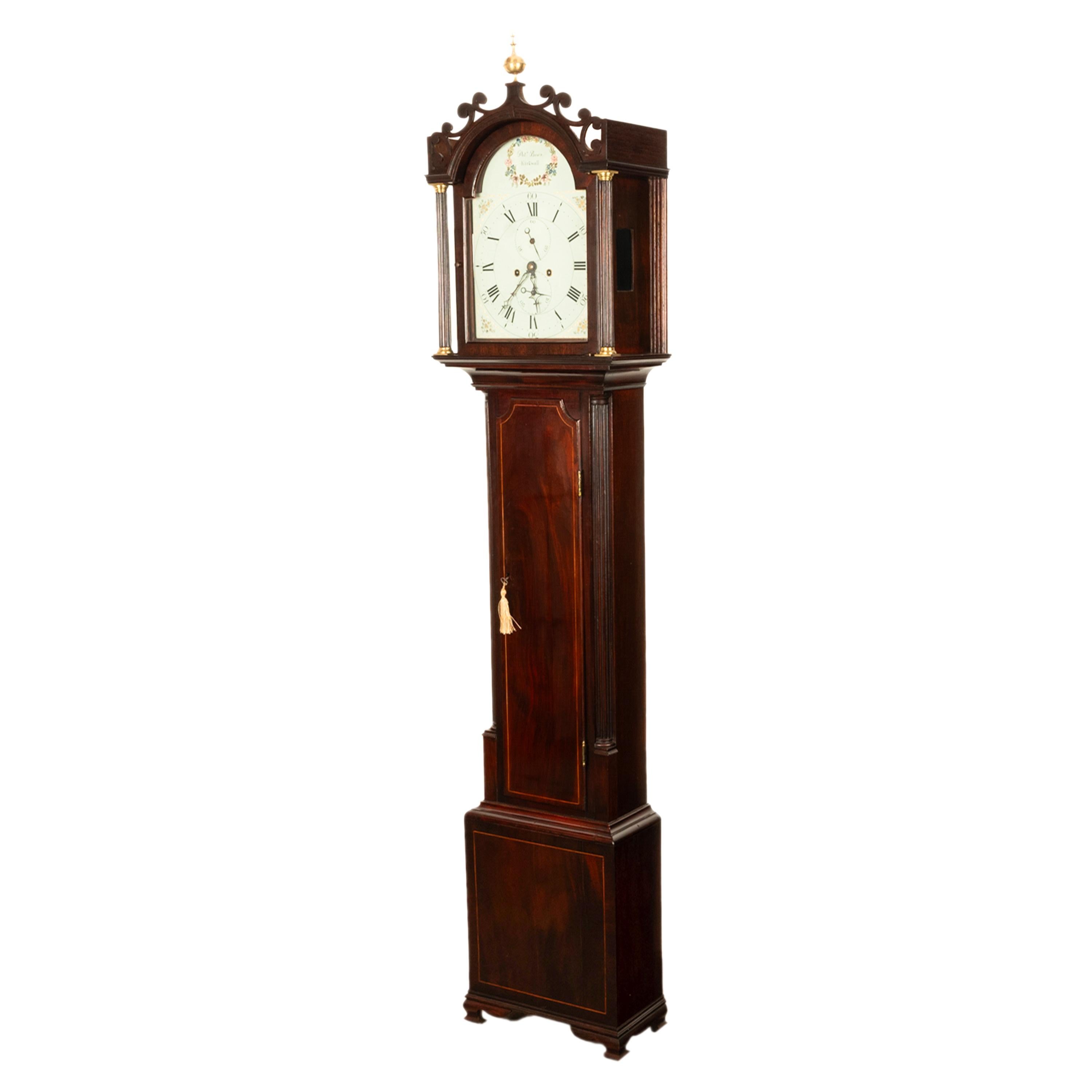 A fine & rare antique Georgian Scottish inlaid mahogany eight day tall case grandfather clock, by Patrick Bews, Kirkwall, Orkney Islands, circa 1810. Just professionally serviced and overhauled by a professional clock-smith.

This very rare antique