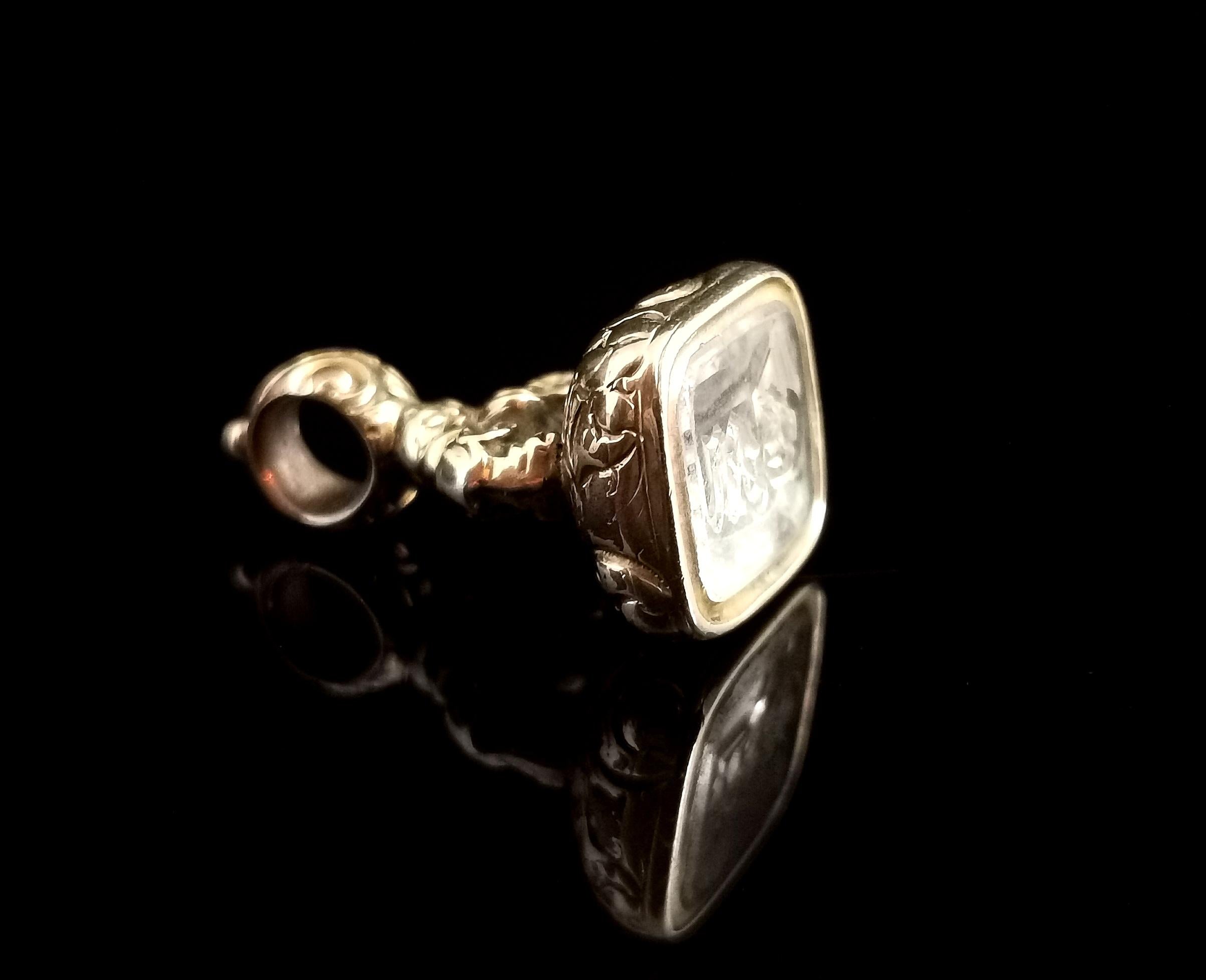 Antique Georgian Seal Fob Pendant, 9k Rolled Gold, Quartz, Initial M 5