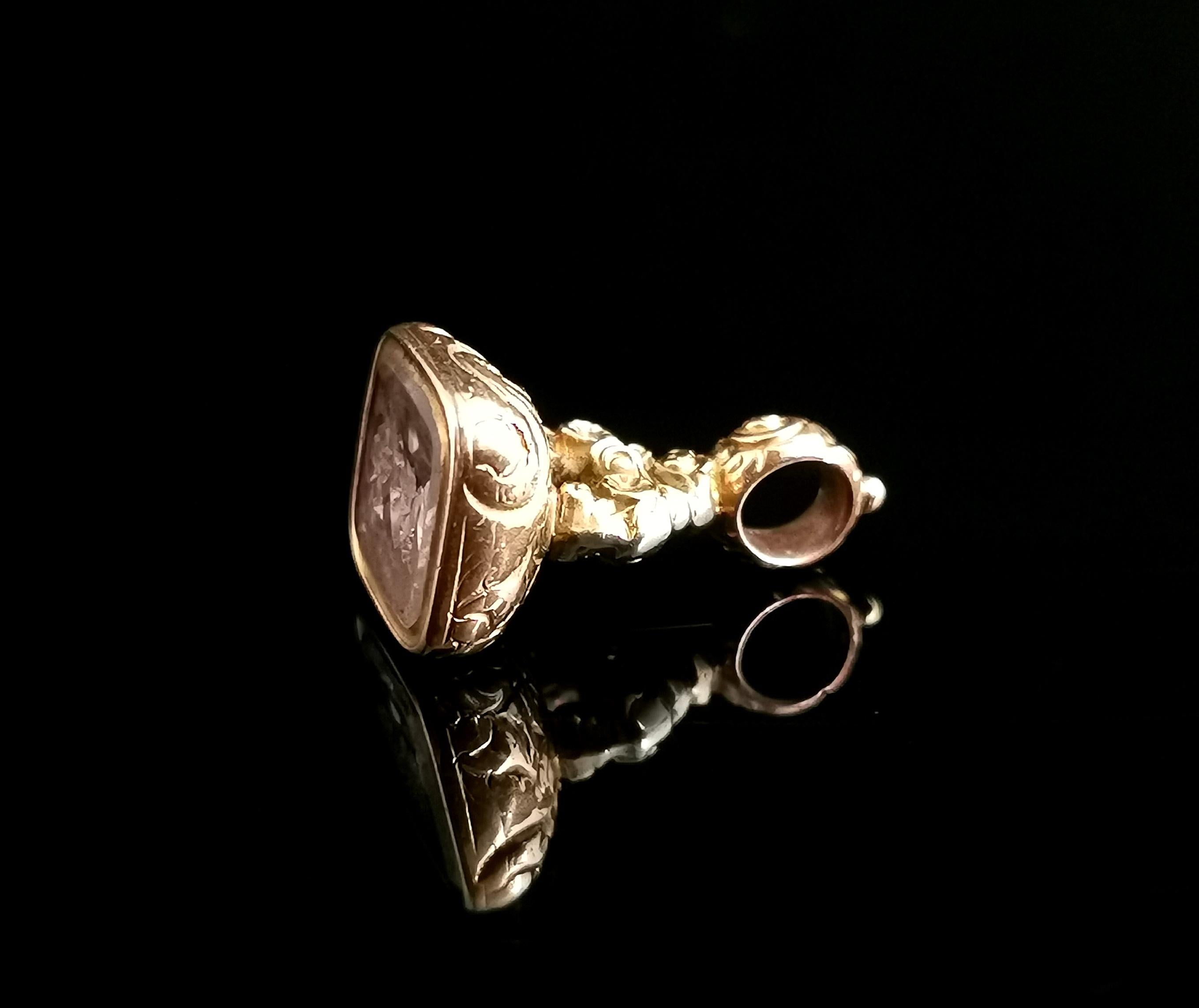 Antique Georgian Seal Fob Pendant, 9k Rolled Gold, Quartz, Initial M 6
