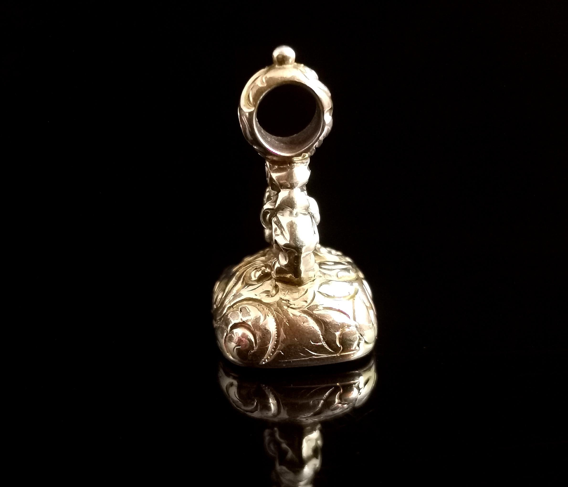 Antique Georgian Seal Fob Pendant, 9k Rolled Gold, Quartz, Initial M 7