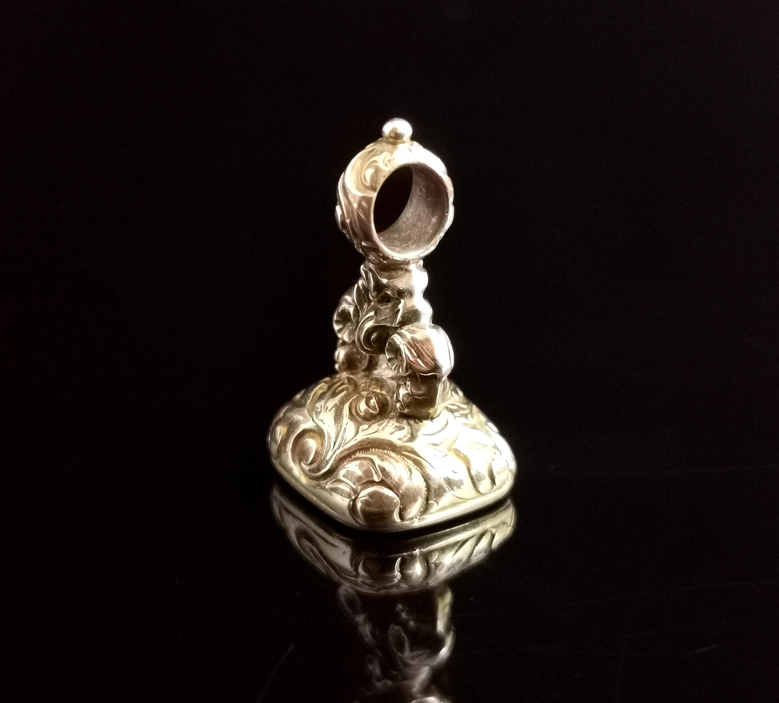 Antique Georgian Seal Fob Pendant, 9k Rolled Gold, Quartz, Initial M 1