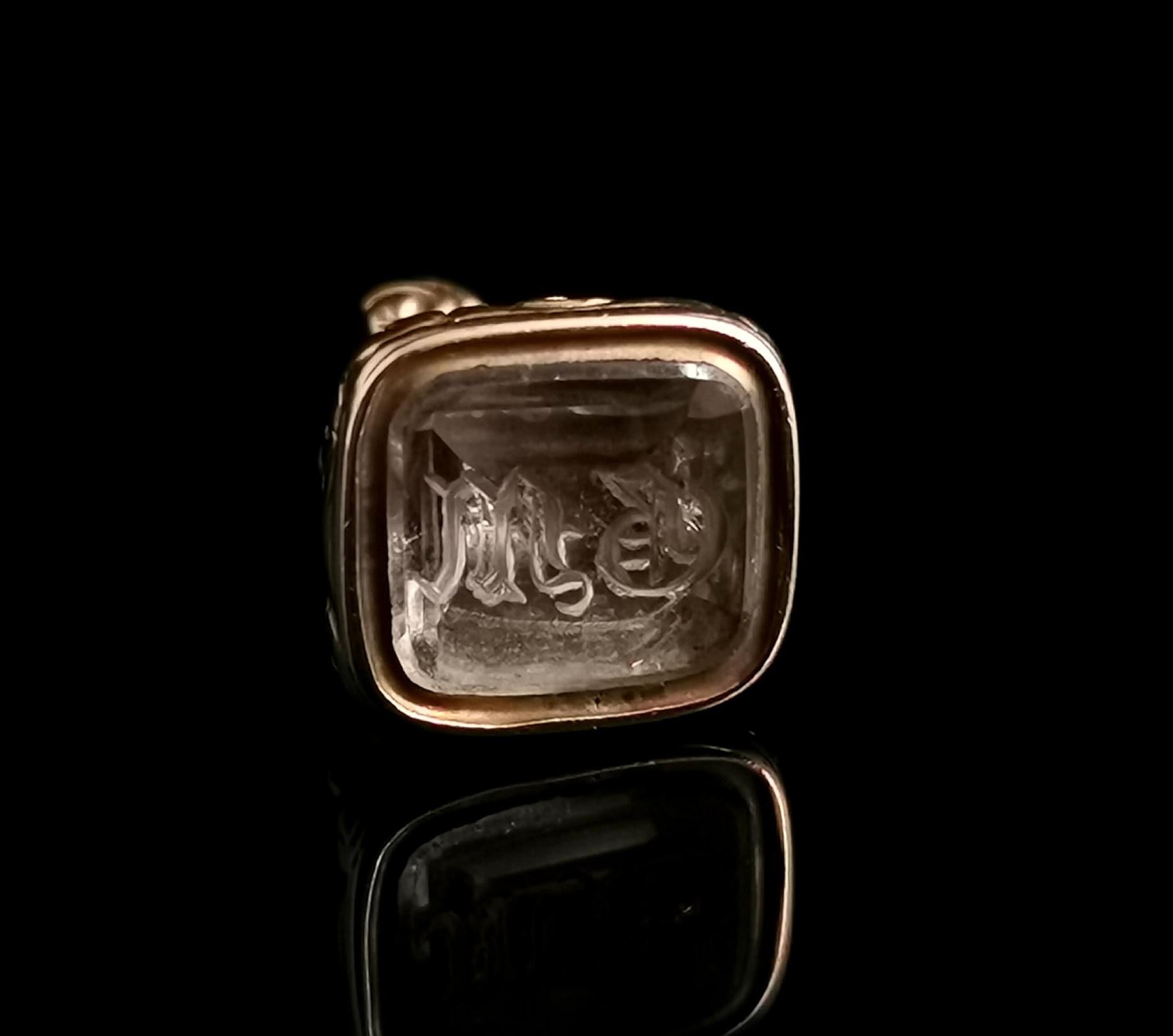 Antique Georgian Seal Fob Pendant, 9k Rolled Gold, Quartz, Initial M 2