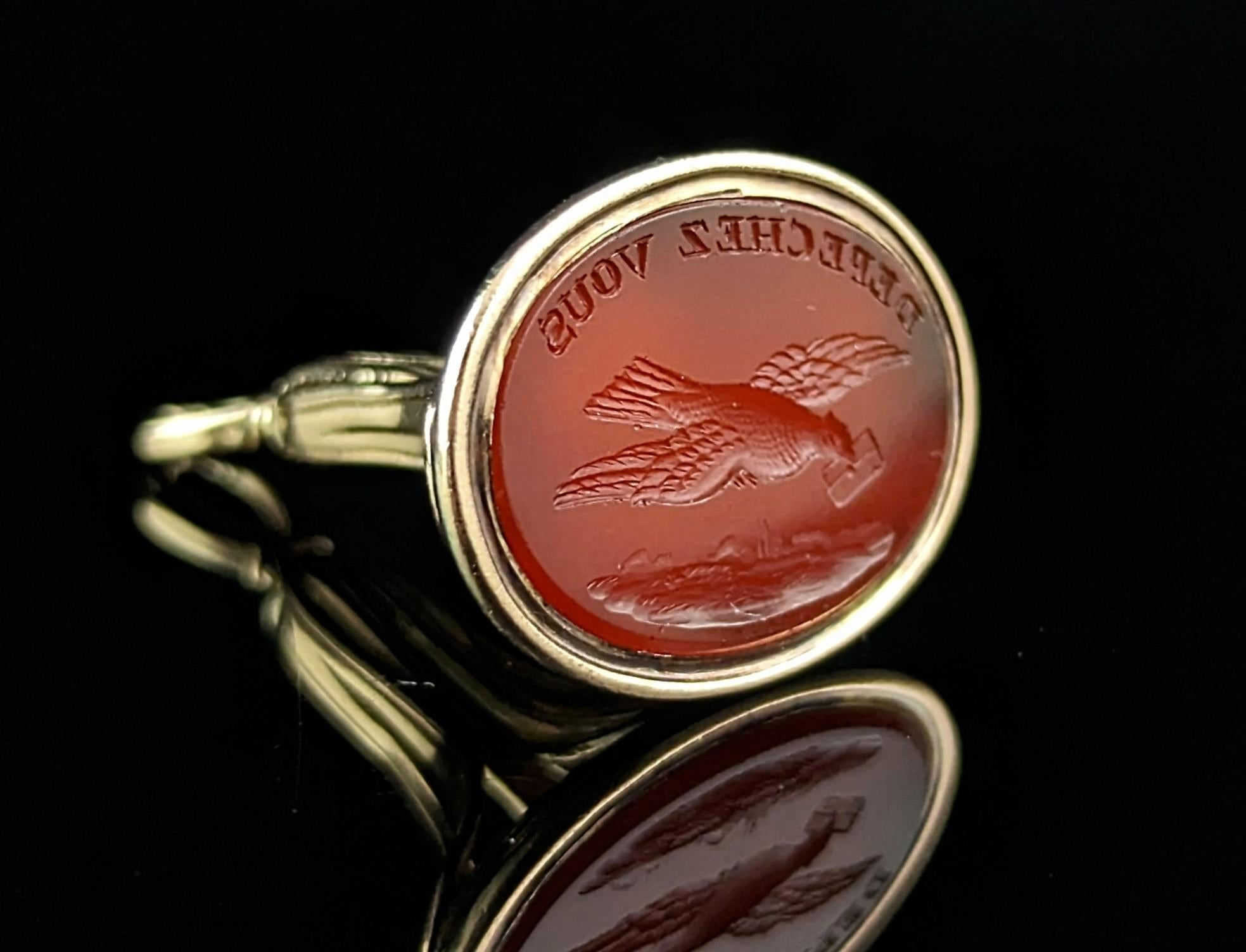 Antique Georgian seal fob pendant, Depeche Vous, 9k gold and Carnelian  For Sale 9