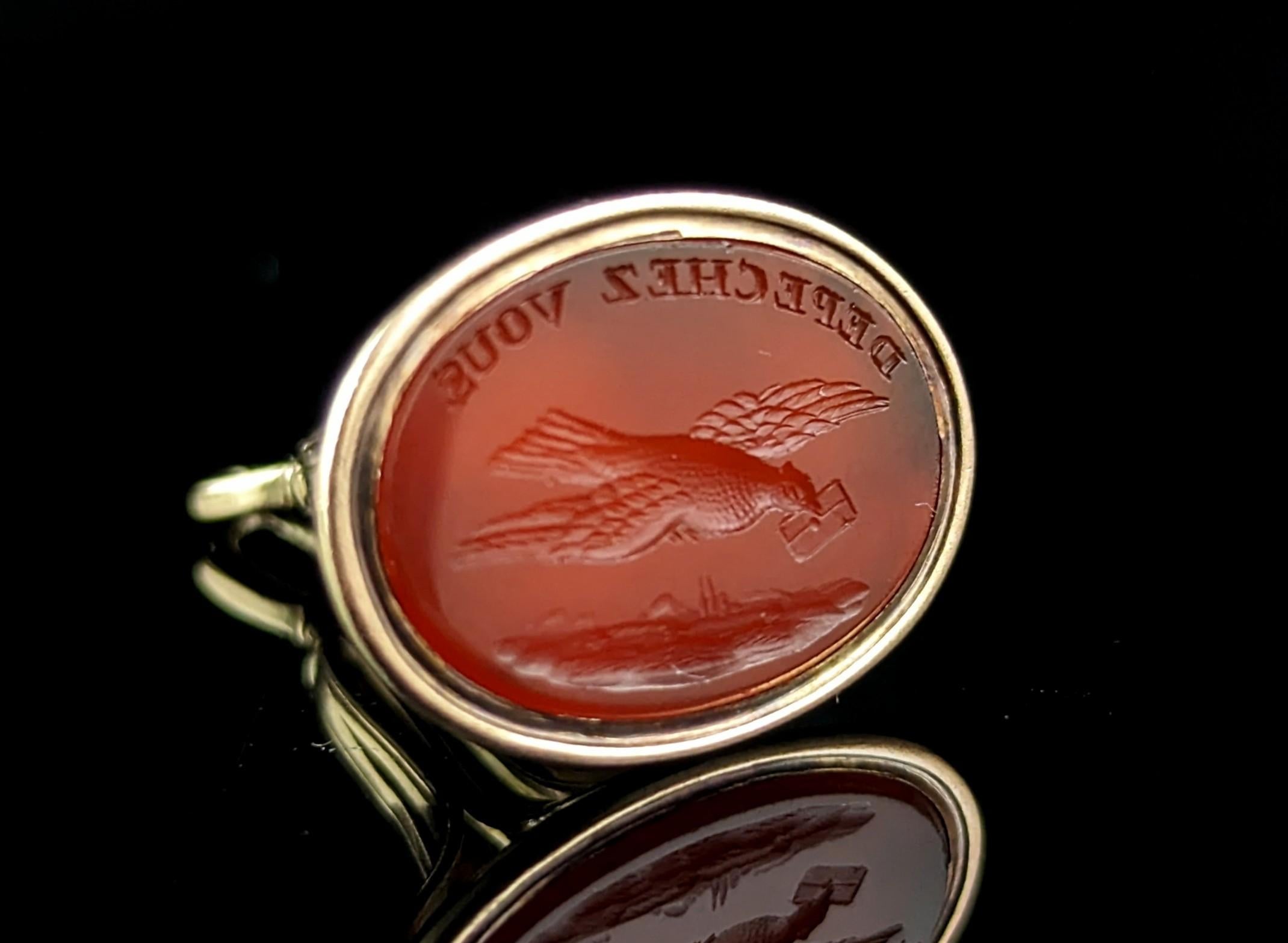 Antique Georgian seal fob pendant, Depeche Vous, 9k gold and Carnelian  For Sale 10
