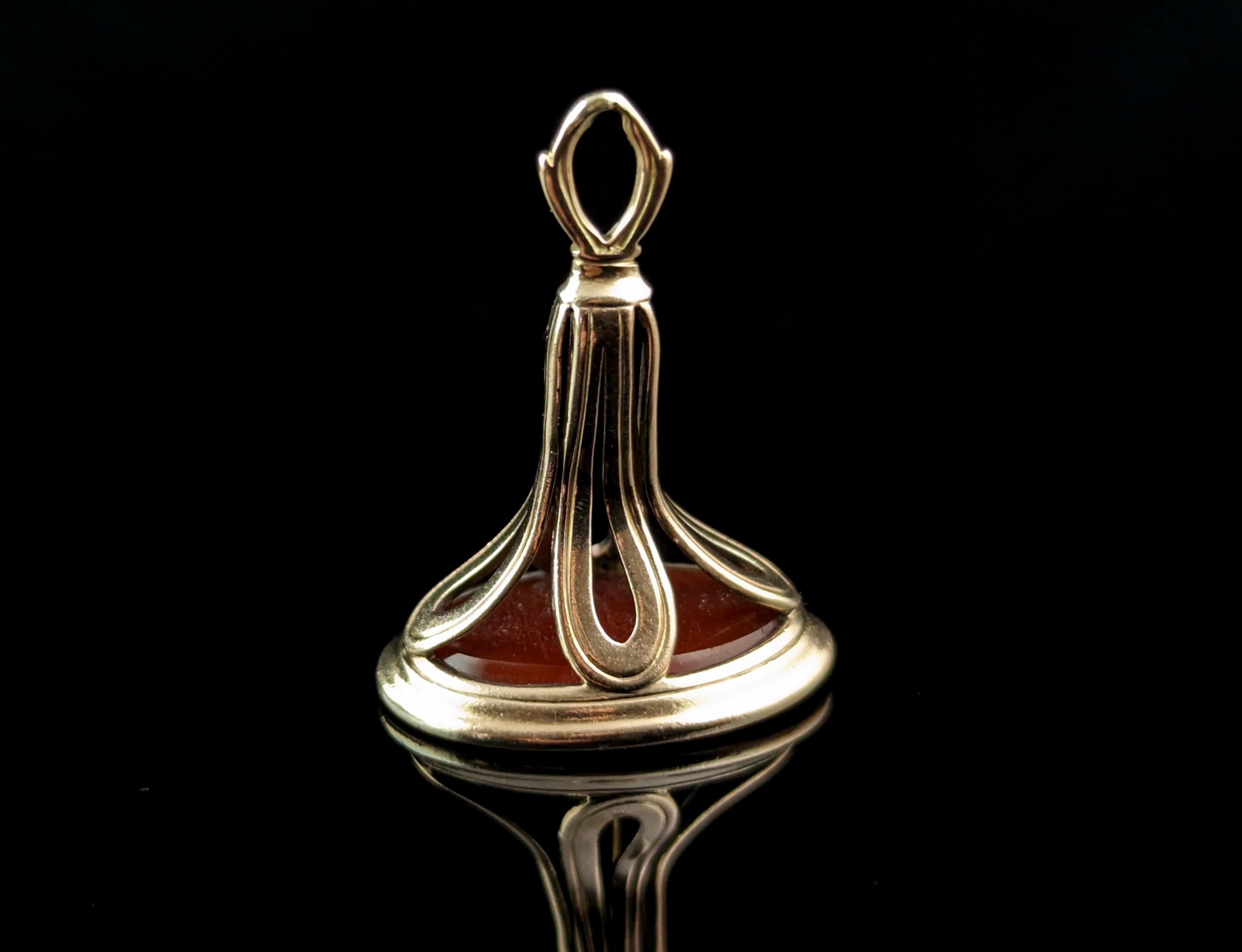 Oval Cut Antique Georgian seal fob pendant, Depeche Vous, 9k gold and Carnelian  For Sale