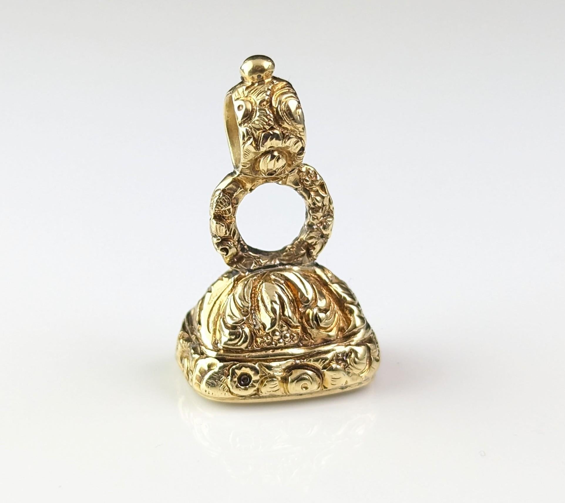 Antique Georgian seal fob pendant, Our Quills Unite Us, 9k gold cased, Carnelian 8