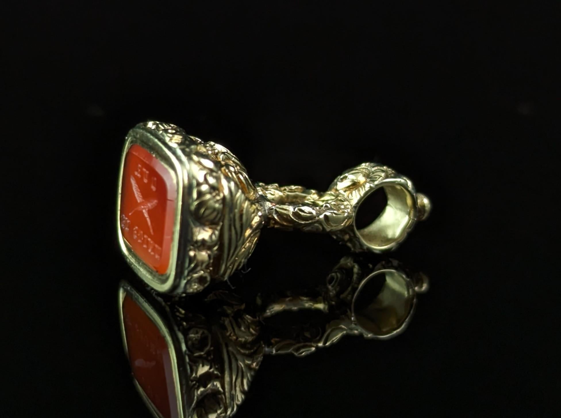 Antique Georgian seal fob pendant, Our Quills Unite Us, 9k gold cased, Carnelian 2