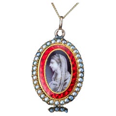 Antique Georgian Sepia Portrait Pendant Necklace 9K Gold c.1800