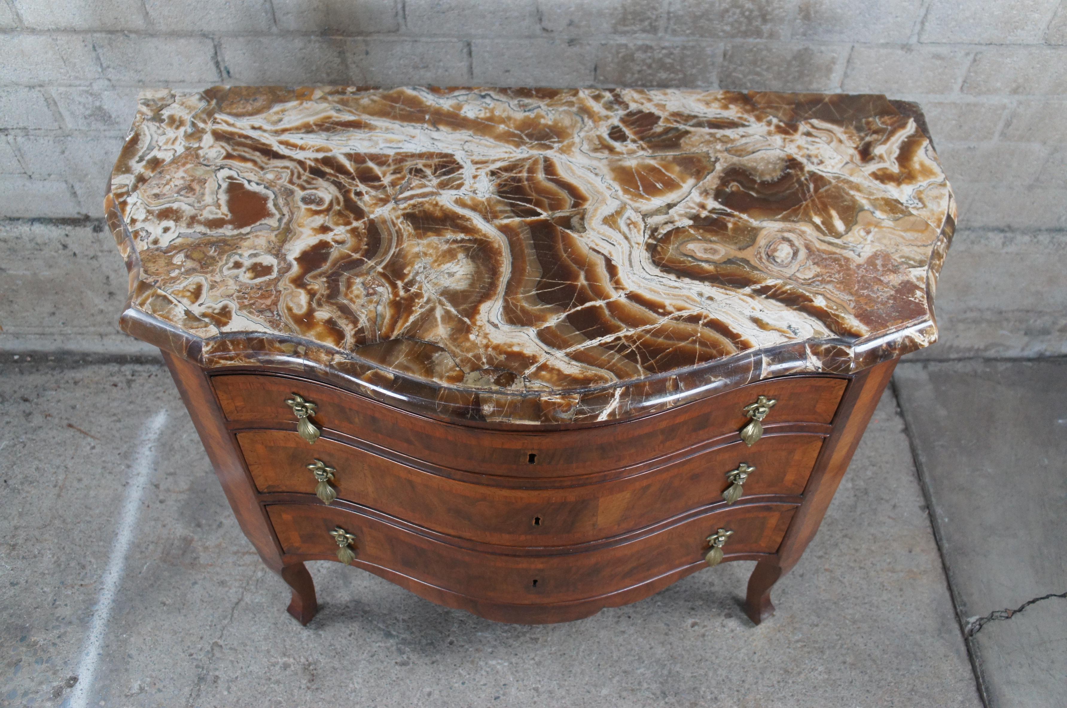 19th Century Antique Georgian Serpentine Mahogany Marble Top Inlaid Commode Chest of Drawers For Sale
