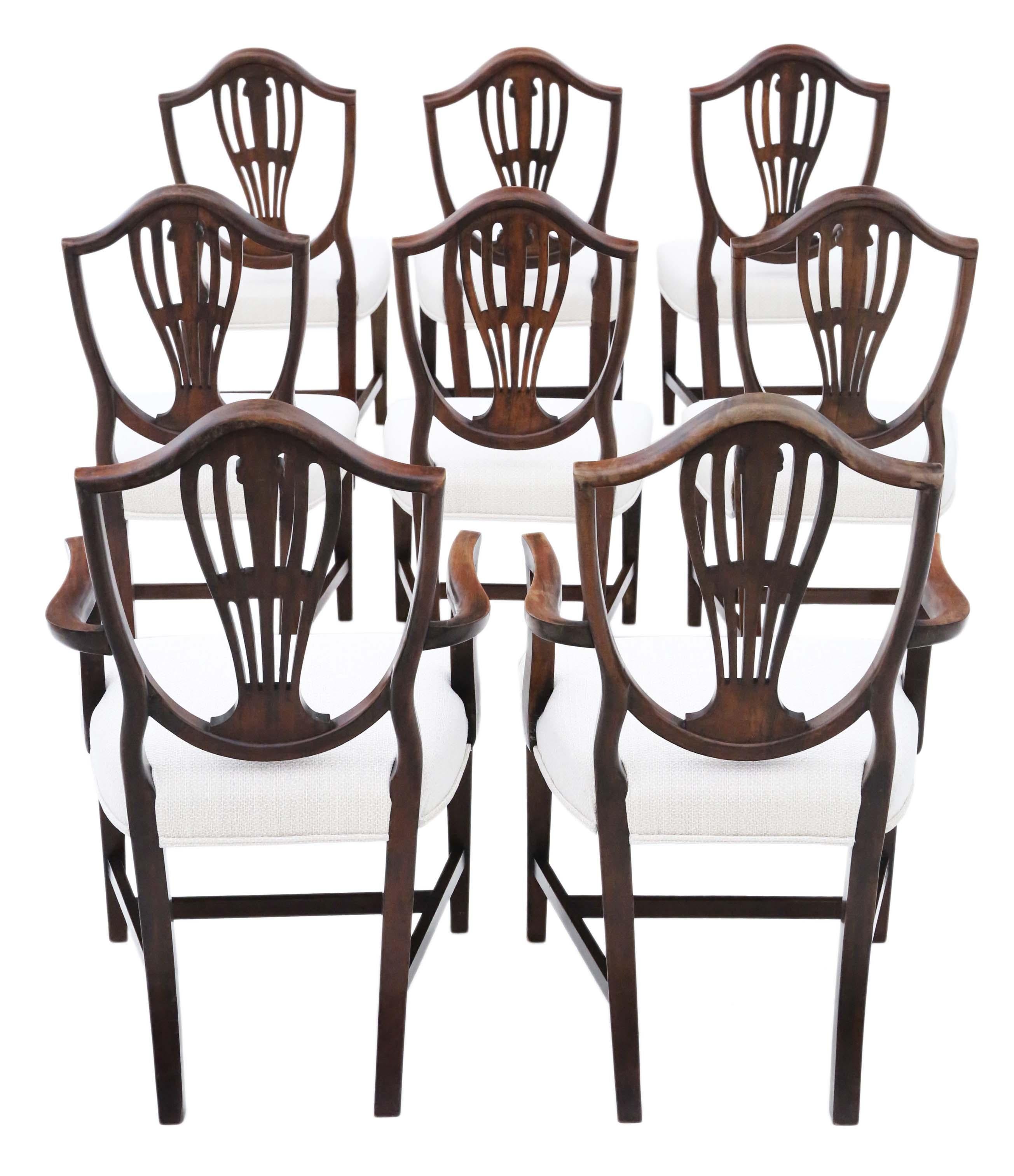 Antique Georgian fine quality set of 8 (6+2) mahogany dining chairs, circa 1800. The very best color and patina. Very rare!

Solid, very heavy and with no loose joints or woodworm. Lovely Hepplewhite design.

The seats have been professionally