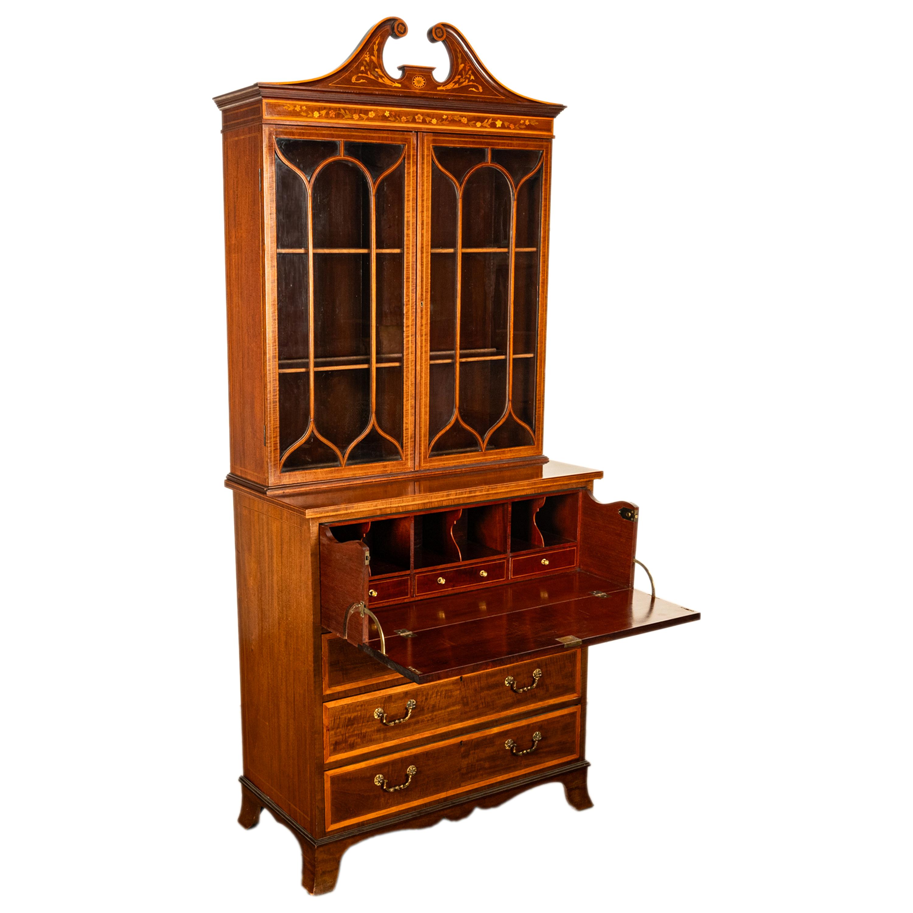 Antique Georgian Sheraton Marquetry Mahogany Bureau Bookcase Butler's Secretary For Sale 4
