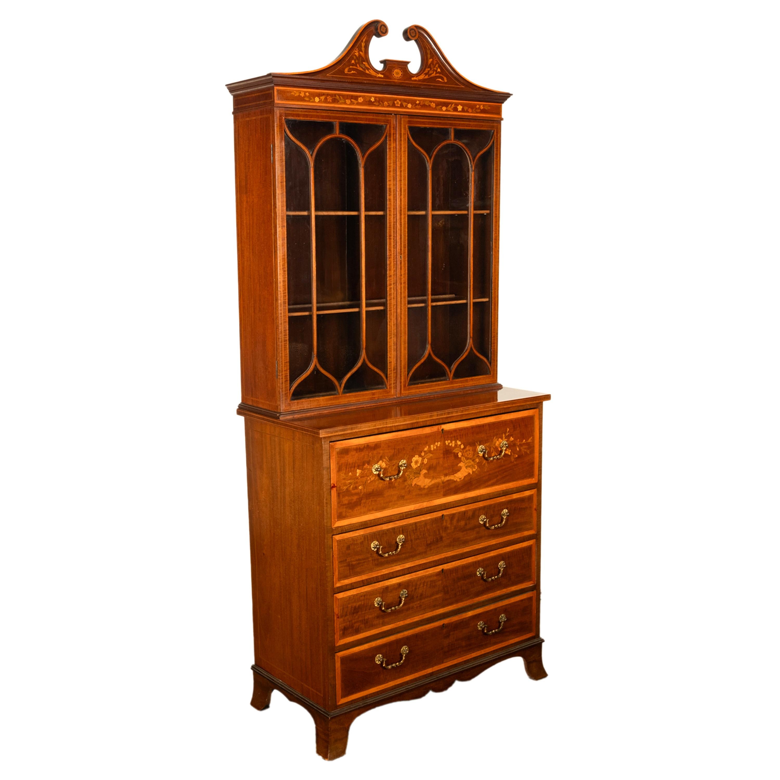 Antique Georgian Sheraton Marquetry Mahogany Bureau Bookcase Butler's Secretary For Sale 5