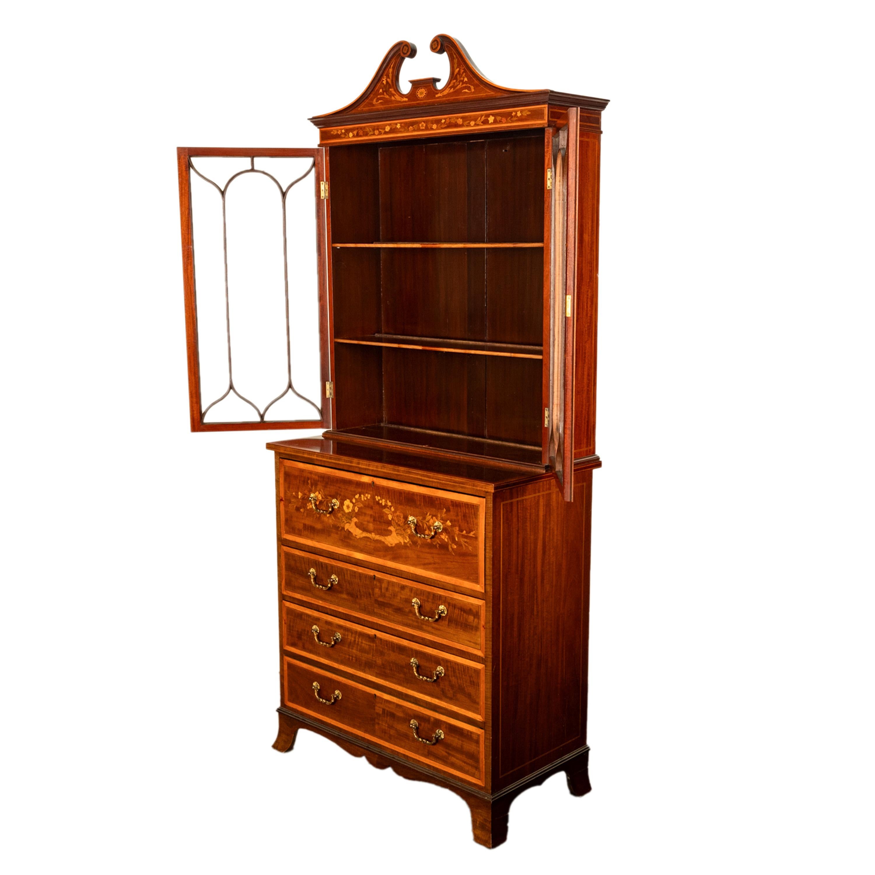 Antique Georgian Sheraton Marquetry Mahogany Bureau Bookcase Butler's Secretary For Sale 9