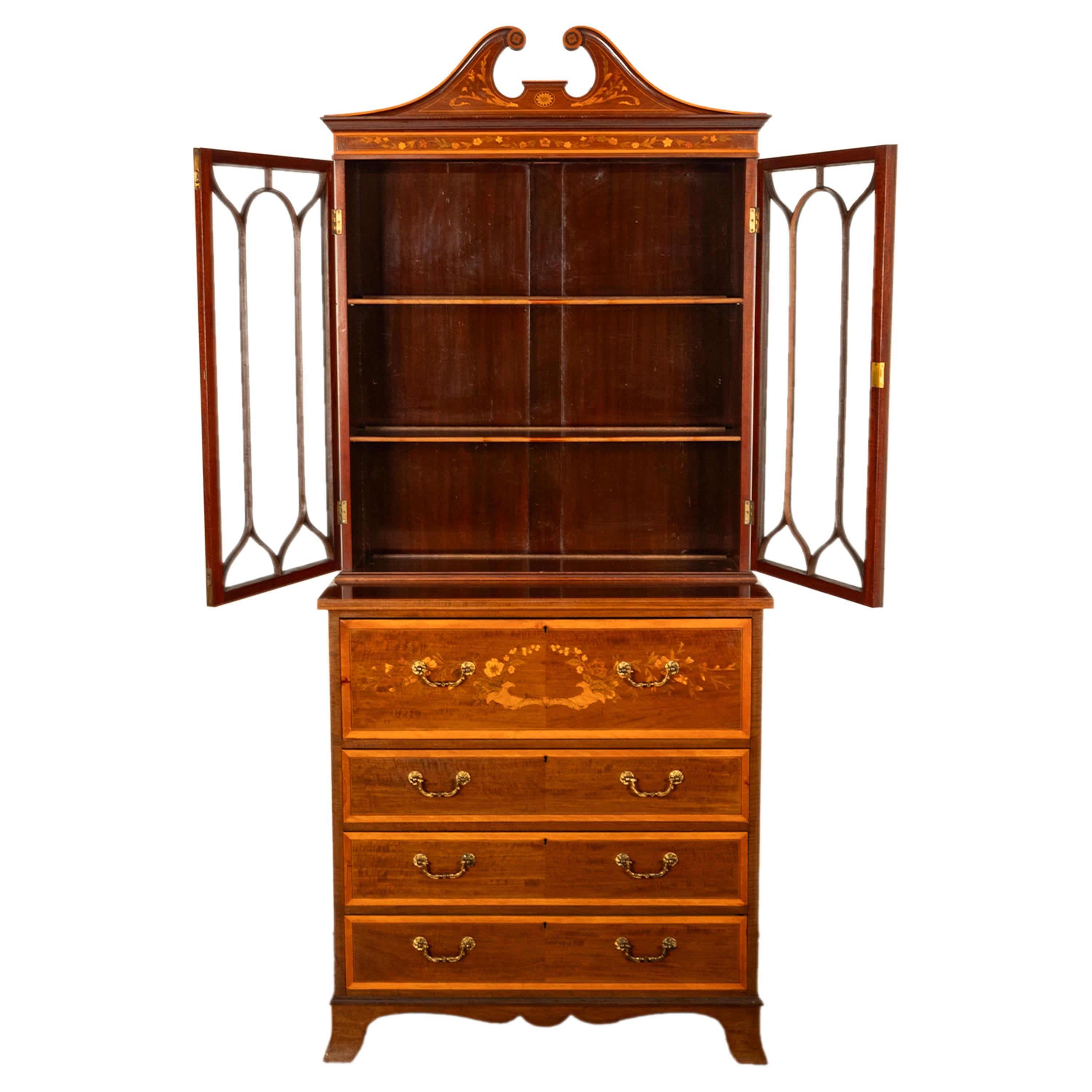 Antique Georgian Sheraton Marquetry Mahogany Bureau Bookcase Butler's Secretary For Sale 10