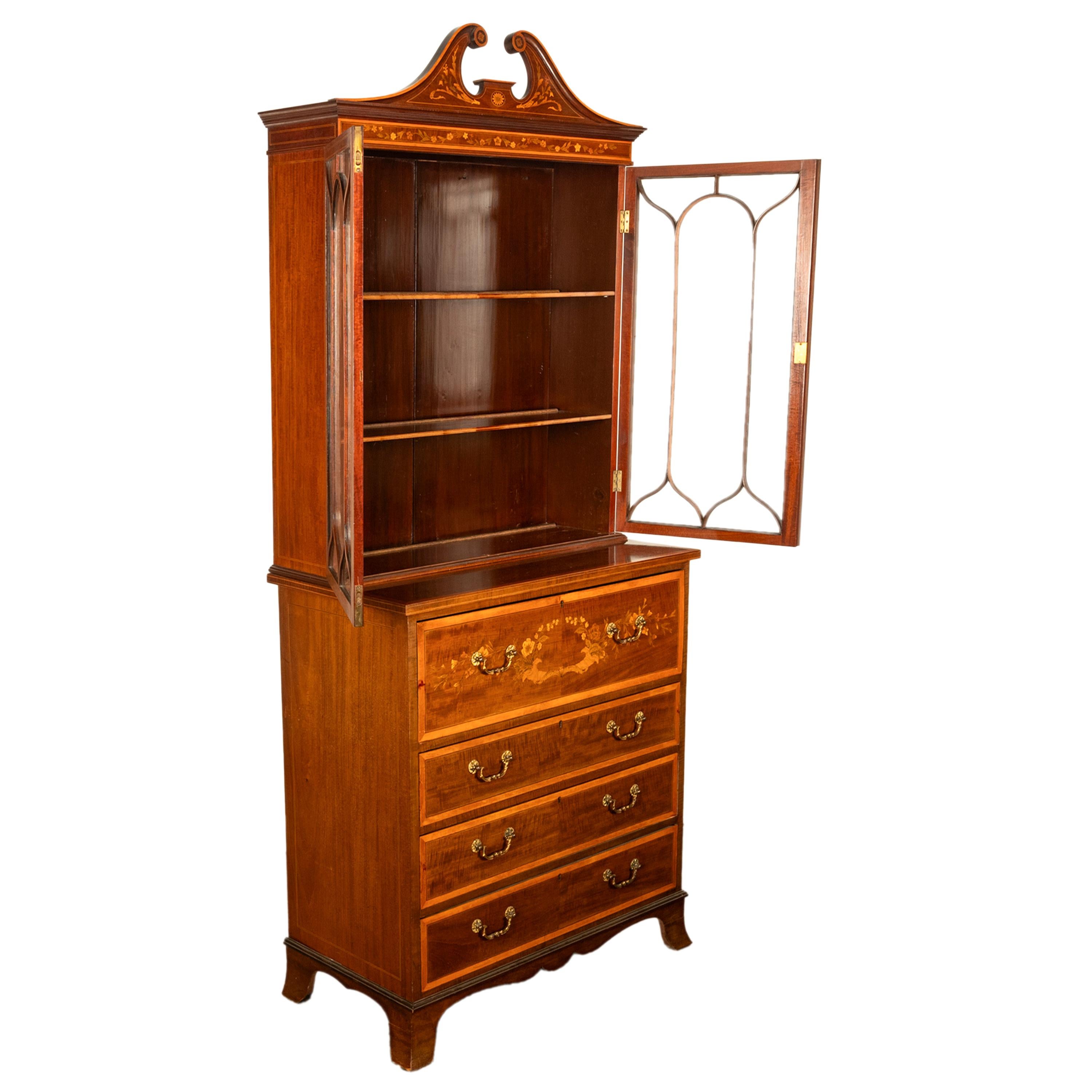 Antique Georgian Sheraton Marquetry Mahogany Bureau Bookcase Butler's Secretary For Sale 11