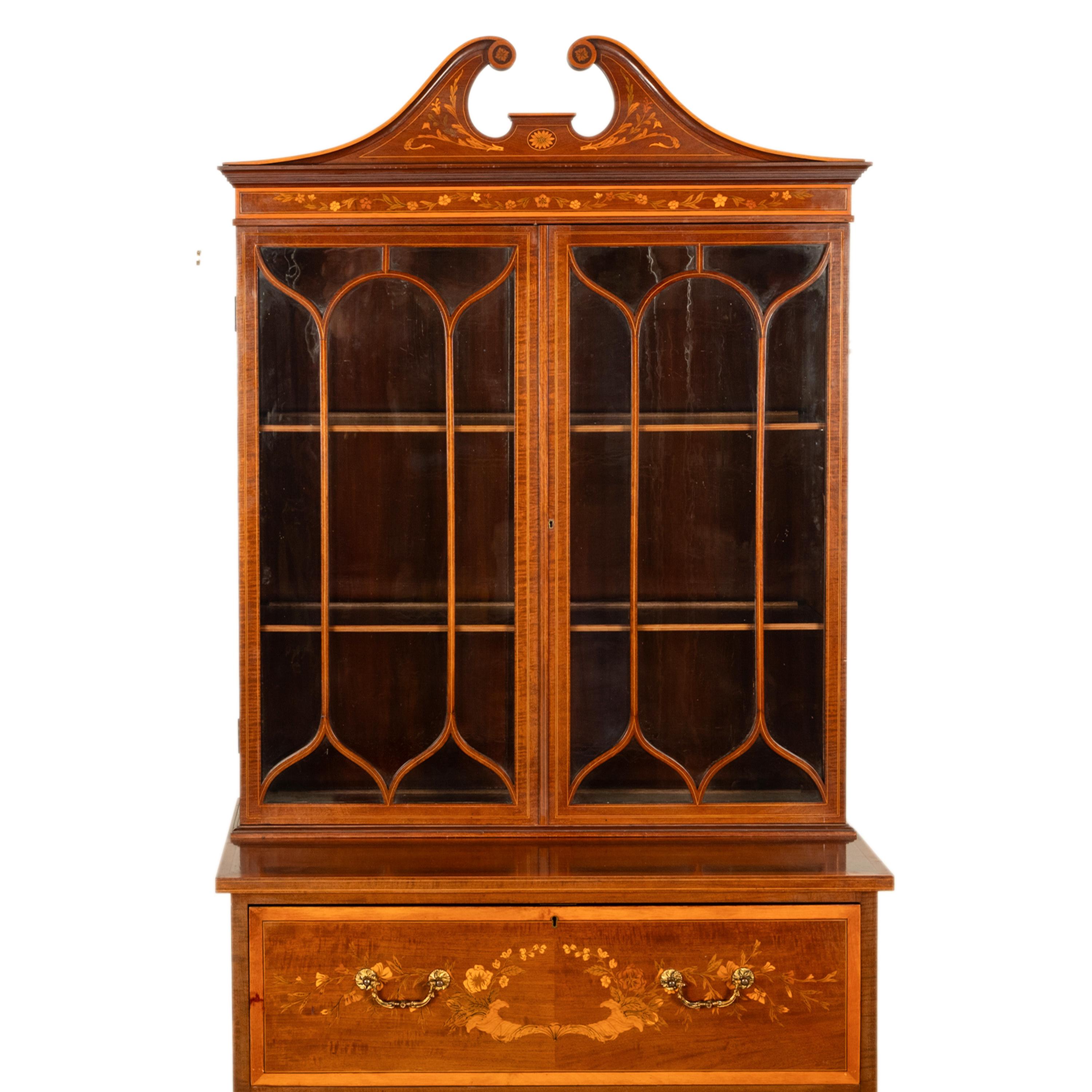 Antique Georgian Sheraton Marquetry Mahogany Bureau Bookcase Butler's Secretary For Sale 12