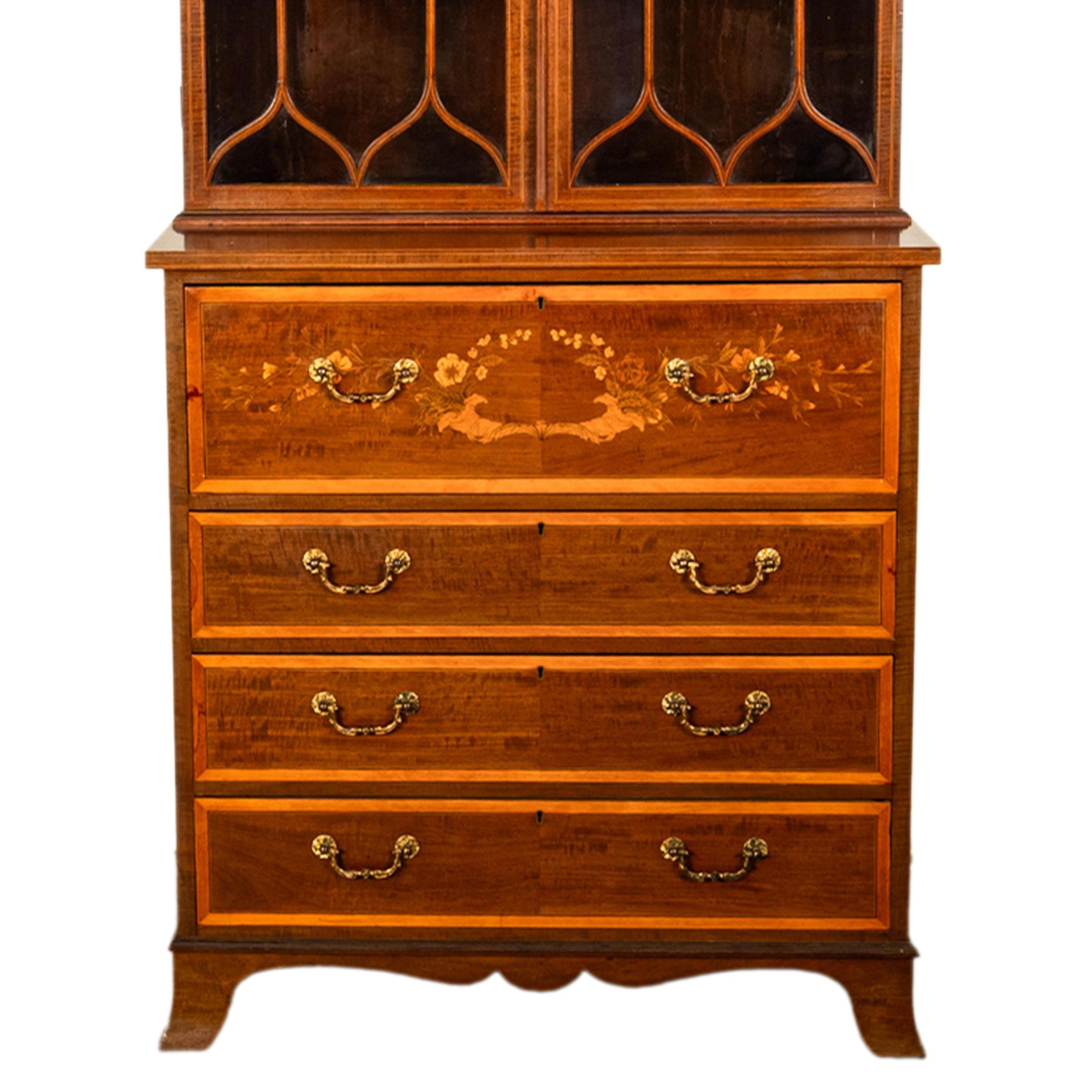 Antique Georgian Sheraton Marquetry Mahogany Bureau Bookcase Butler's Secretary For Sale 13
