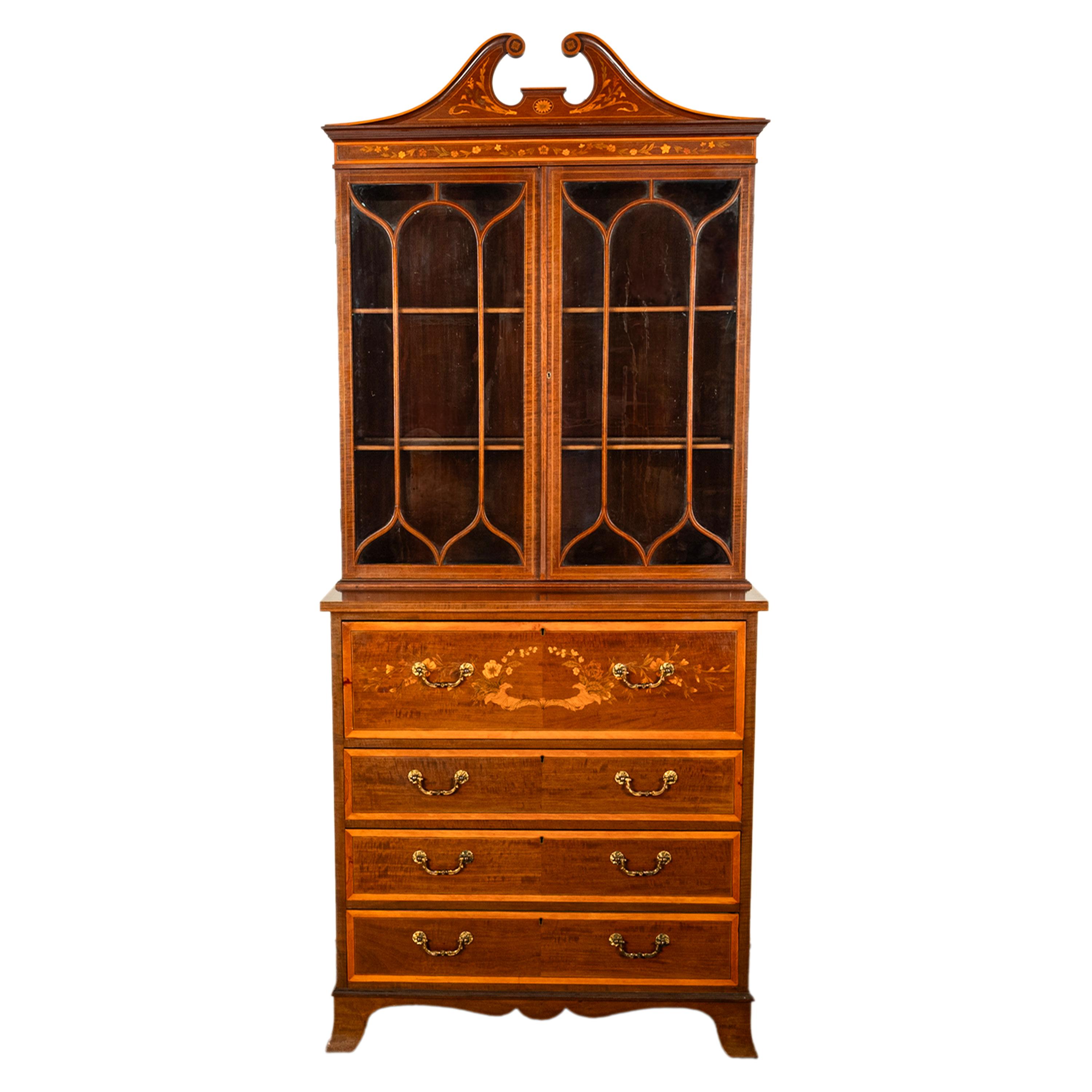 English Antique Georgian Sheraton Marquetry Mahogany Bureau Bookcase Butler's Secretary For Sale
