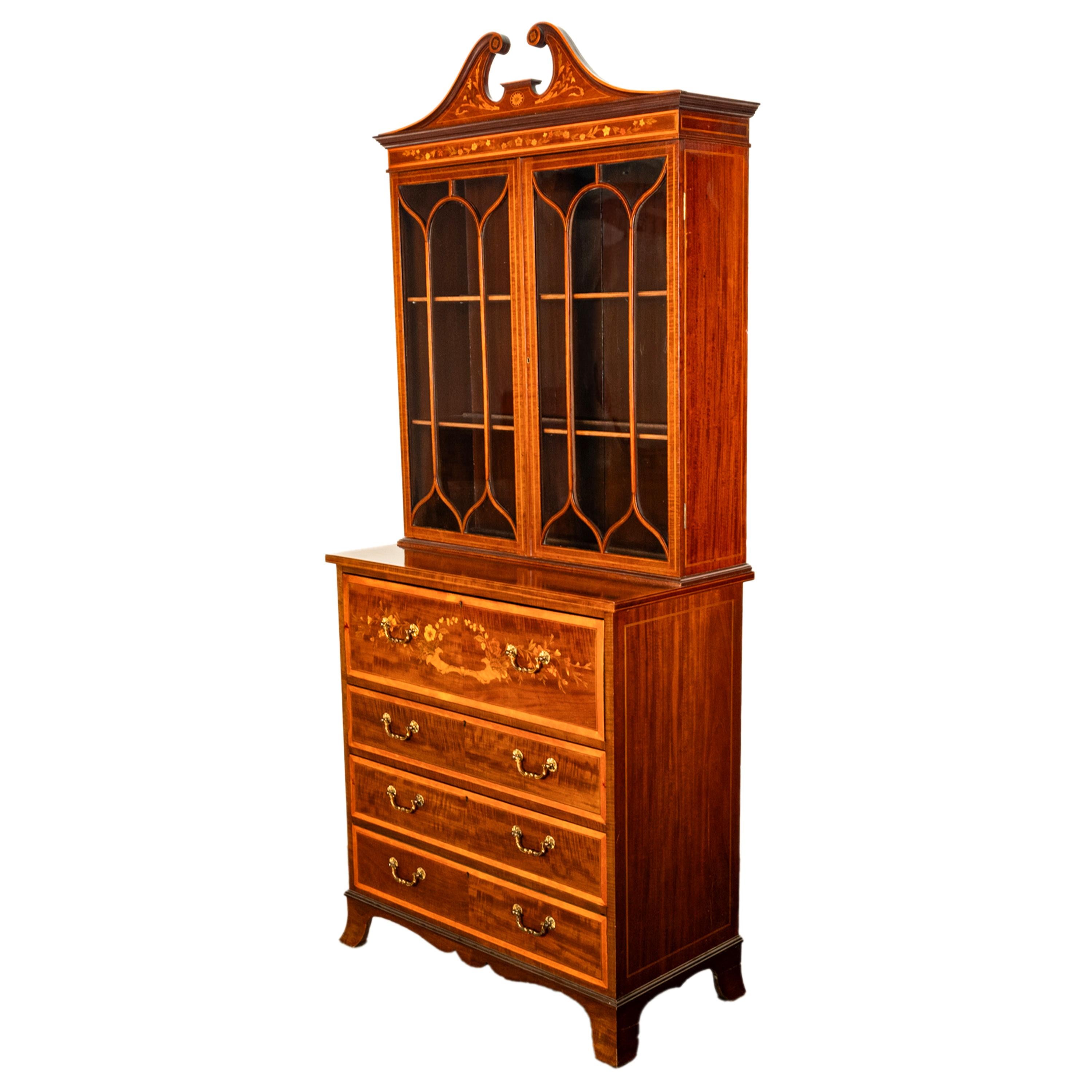 Antique Georgian Sheraton Marquetry Mahogany Bureau Bookcase Butler's Secretary In Good Condition For Sale In Portland, OR
