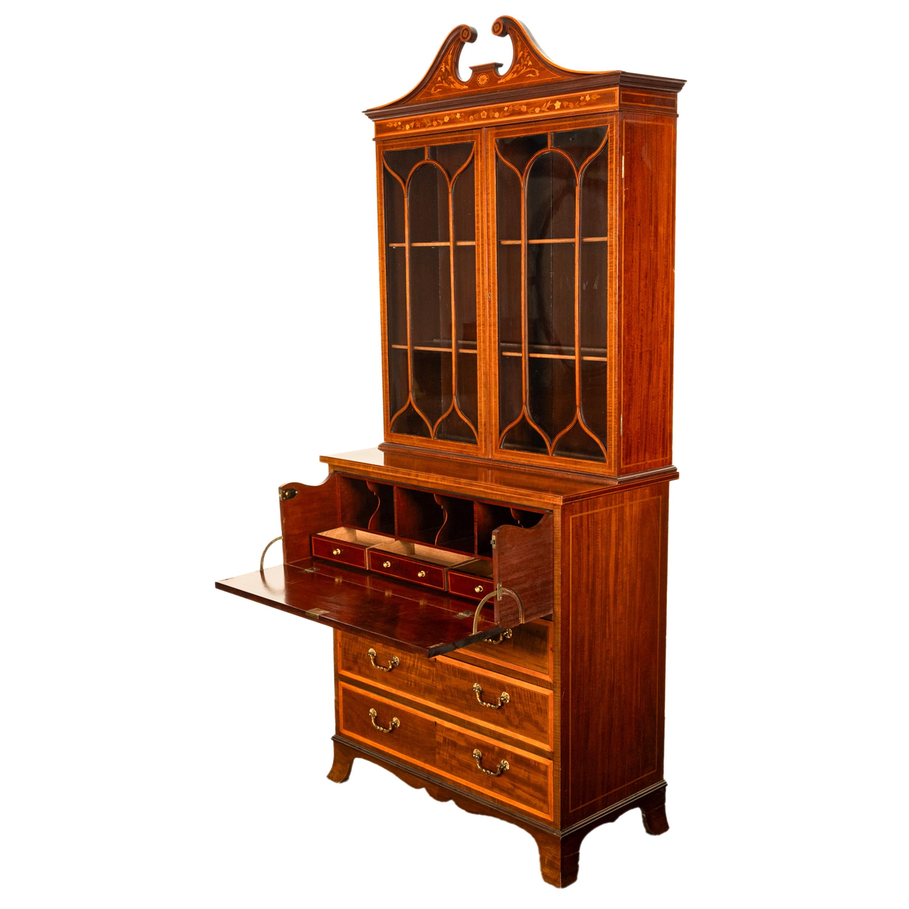 Early 19th Century Antique Georgian Sheraton Marquetry Mahogany Bureau Bookcase Butler's Secretary For Sale