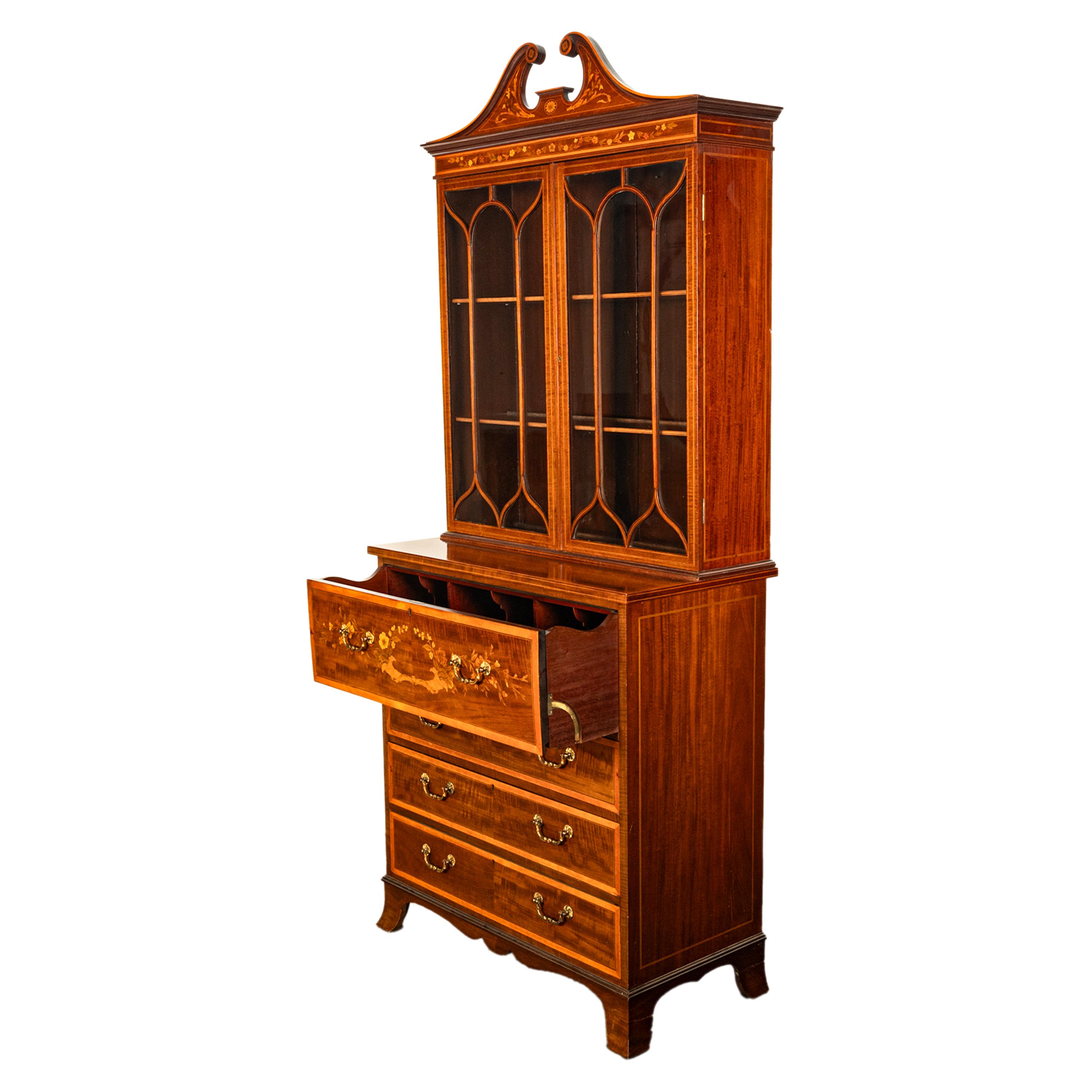 Fruitwood Antique Georgian Sheraton Marquetry Mahogany Bureau Bookcase Butler's Secretary For Sale
