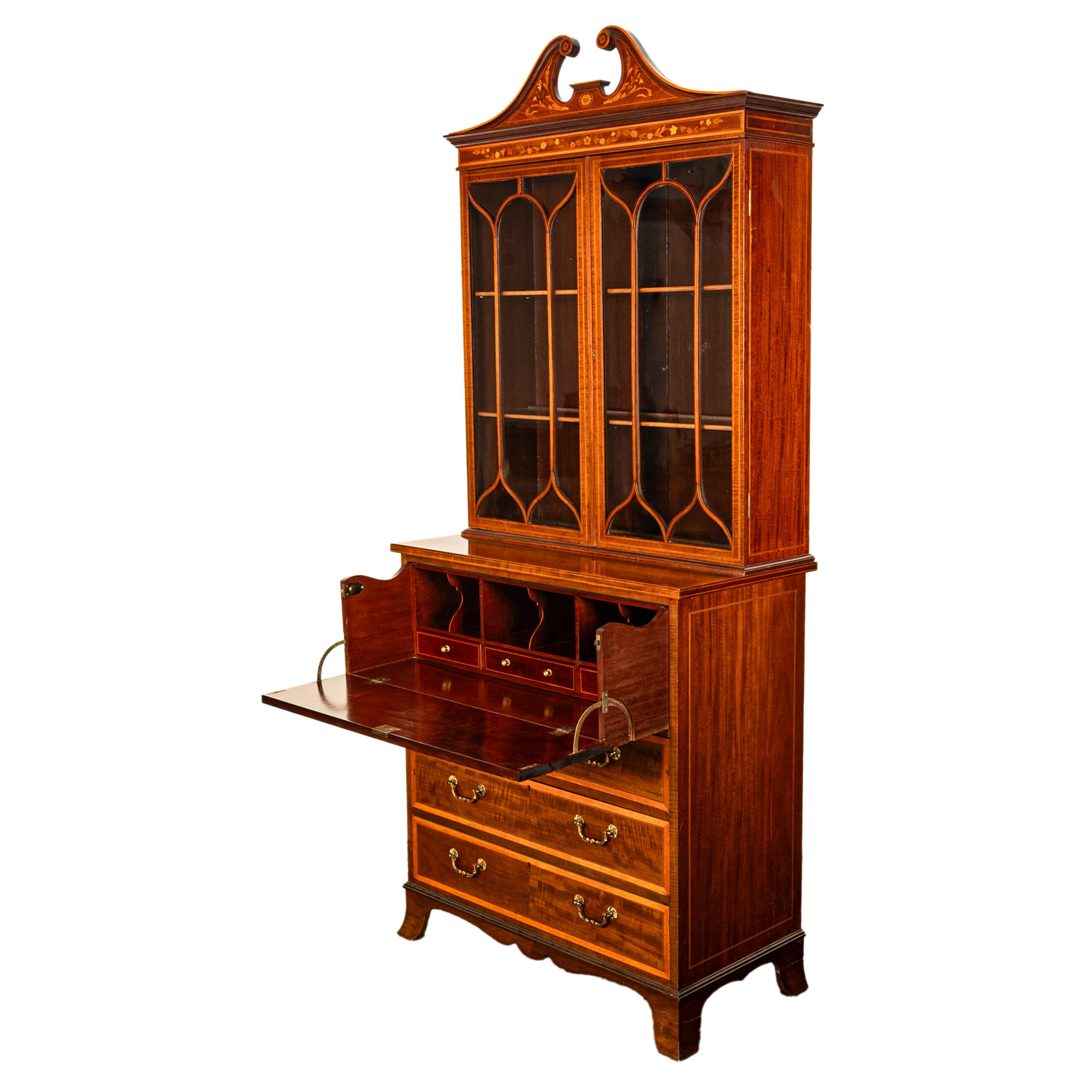 Antique Georgian Sheraton Marquetry Mahogany Bureau Bookcase Butler's Secretary For Sale 1