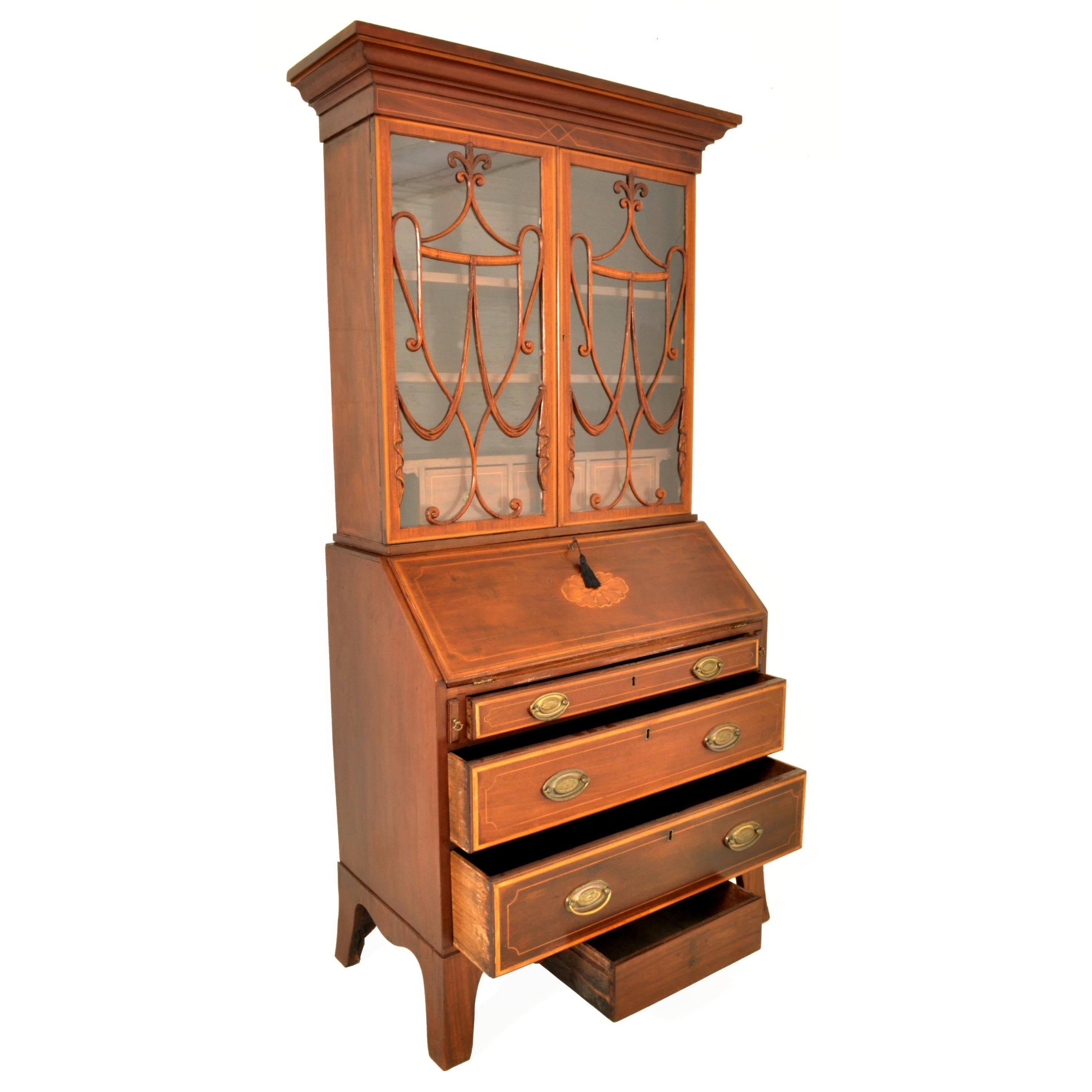 Antique Georgian Sheraton Neo-Classical Inlaid Mahogany Secretary Bookcase, 1795 For Sale 5