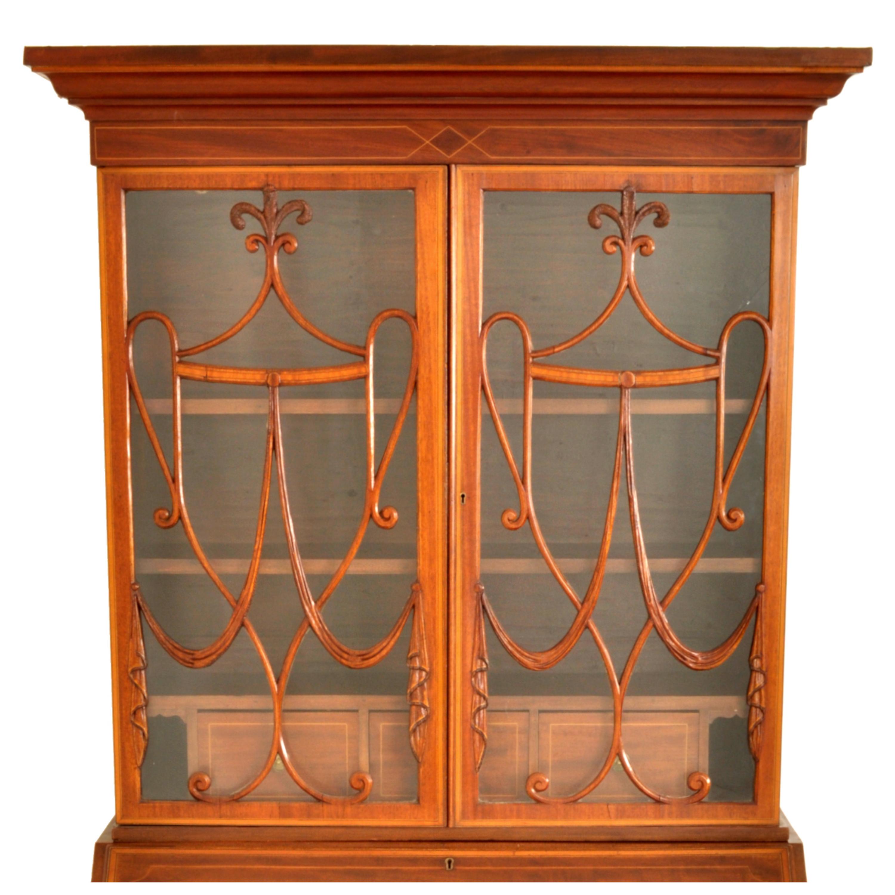 Inlay Antique Georgian Sheraton Neo-Classical Inlaid Mahogany Secretary Bookcase, 1795 For Sale