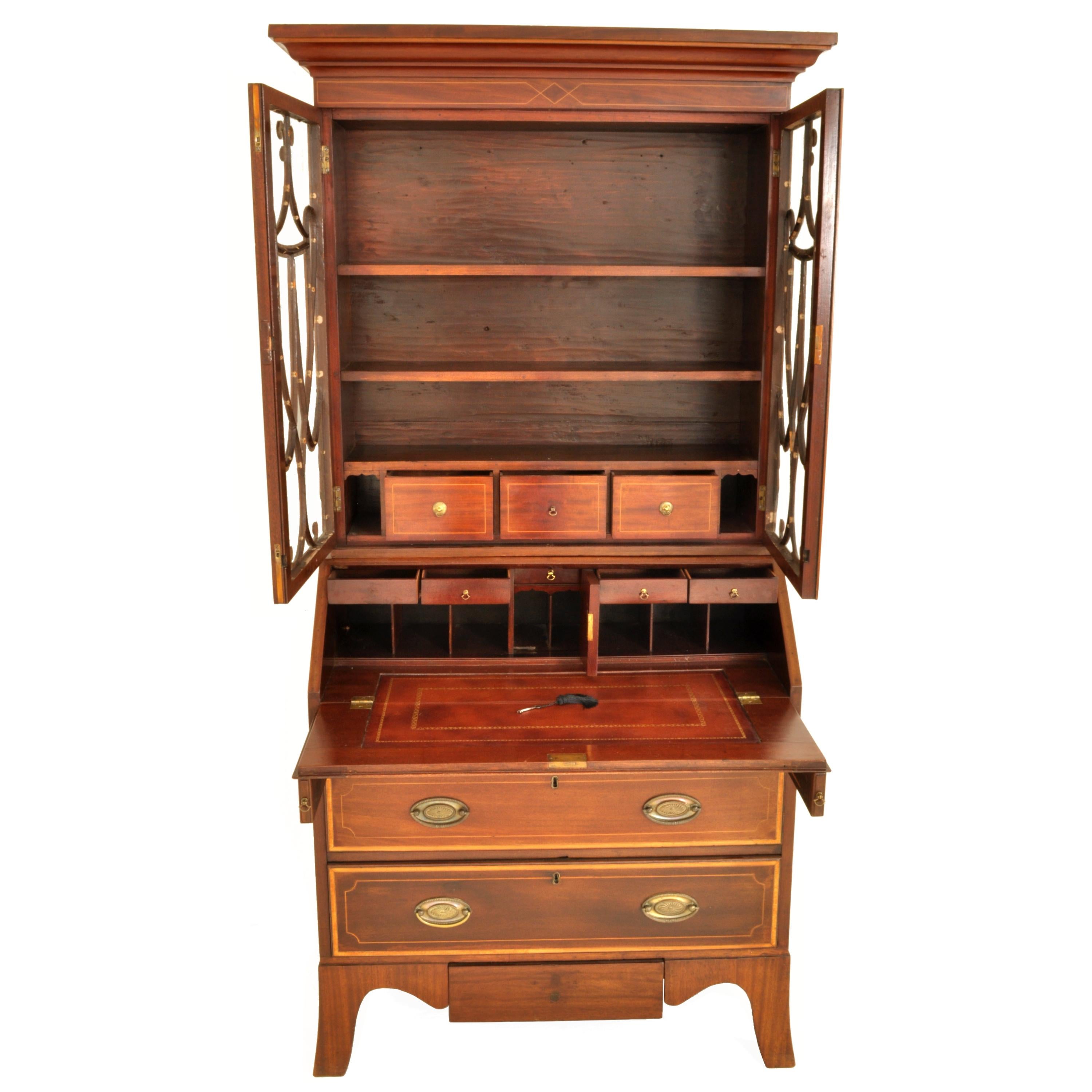 Antigua librería secretaria georgiana Sheraton neoclásica de caoba con incrustaciones, 1795 siglo XVIII en venta