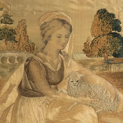 Antike georgianische Seidenstickerei, die eine Frau mit einem Lamm darstellt, Yorkshire