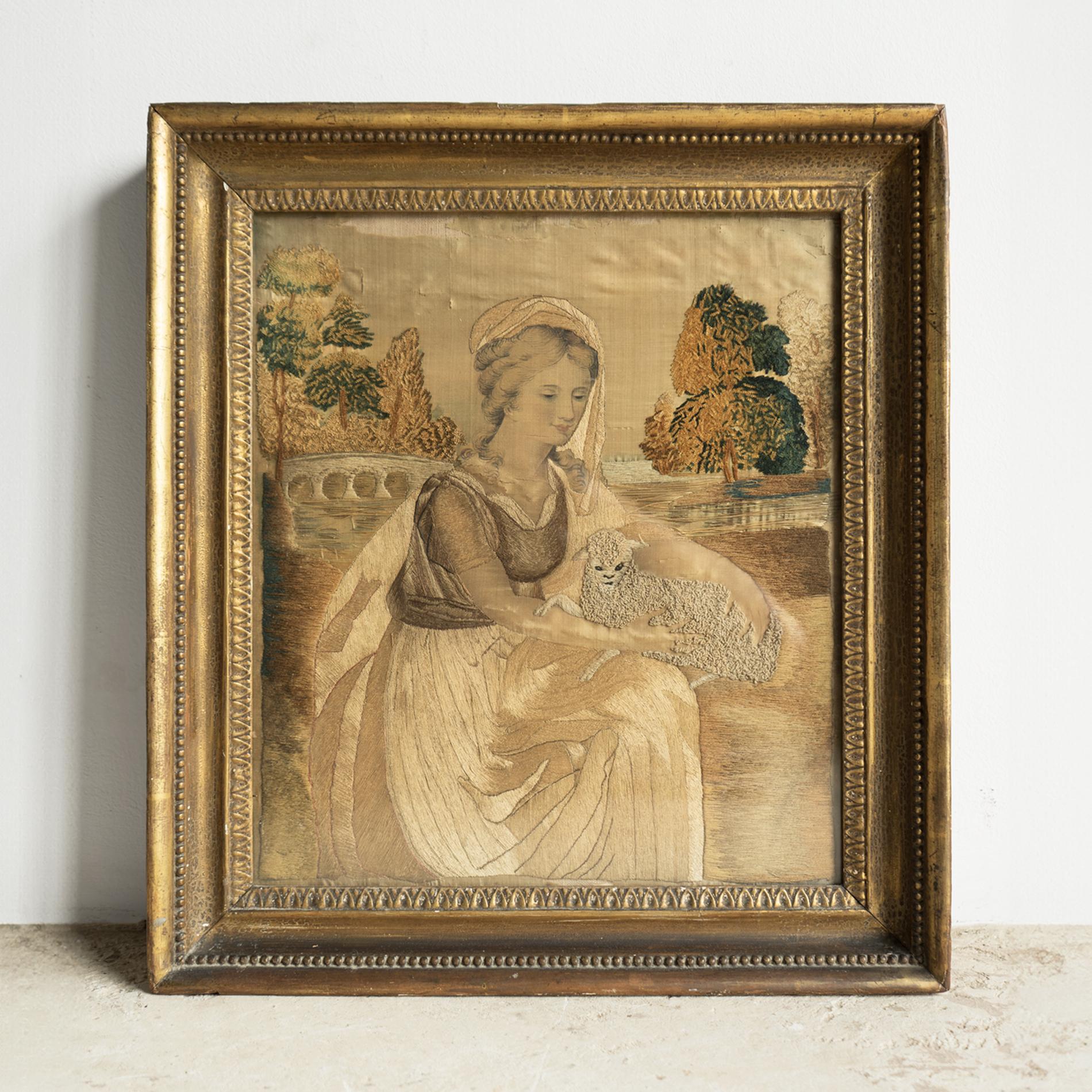 Antiguo bordado georgiano en seda que representa a una mujer con un cordero, Yorkshire Appliqué en venta