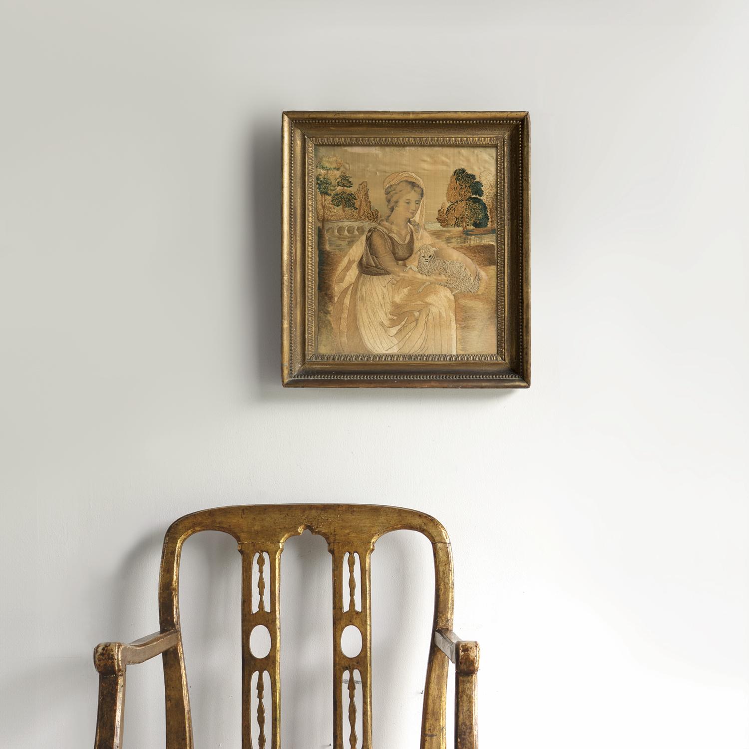 Antiguo bordado georgiano en seda que representa a una mujer con un cordero, Yorkshire en Bueno estado para la venta en Bristol, GB