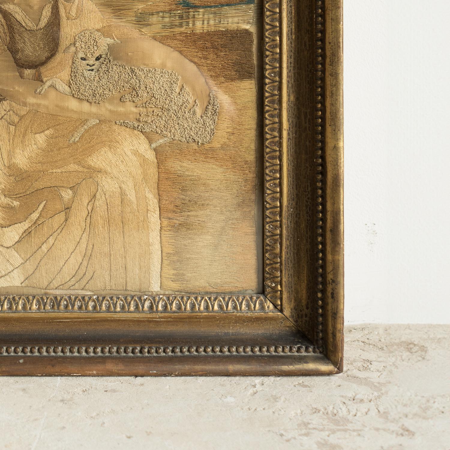 Antiguo bordado georgiano en seda que representa a una mujer con un cordero, Yorkshire Gesso en venta