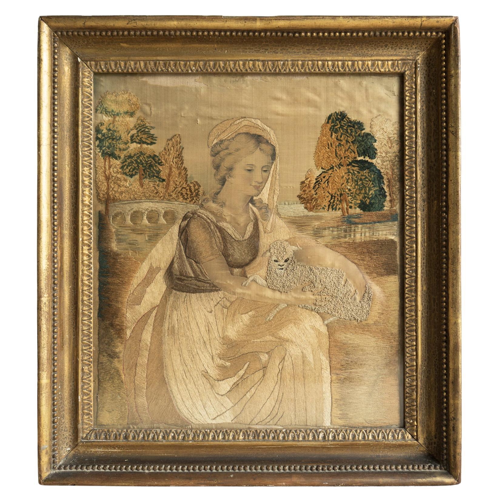 Antique Georgian Silkwork Embroidery Depicting a Woman with a Lamb, Yorkshire