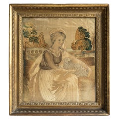 Antique Georgian Silkwork Embroidery Depicting a Woman with a Lamb, Yorkshire