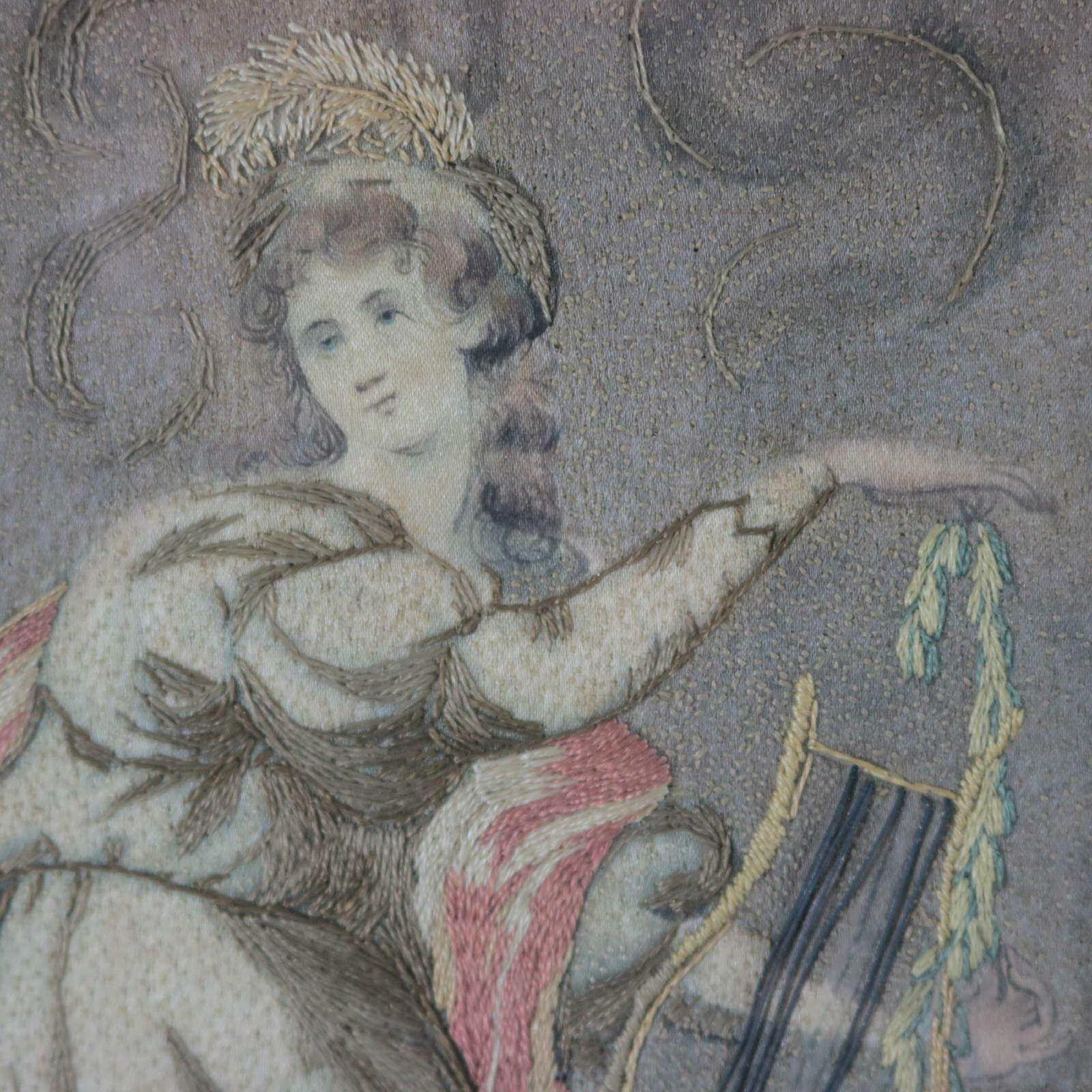 Antique Georgian Silkwork Embroidery, Girl with Lyre 7