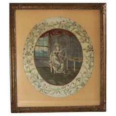 Antique Georgian Silkwork Embroidery, Girl with Lyre
