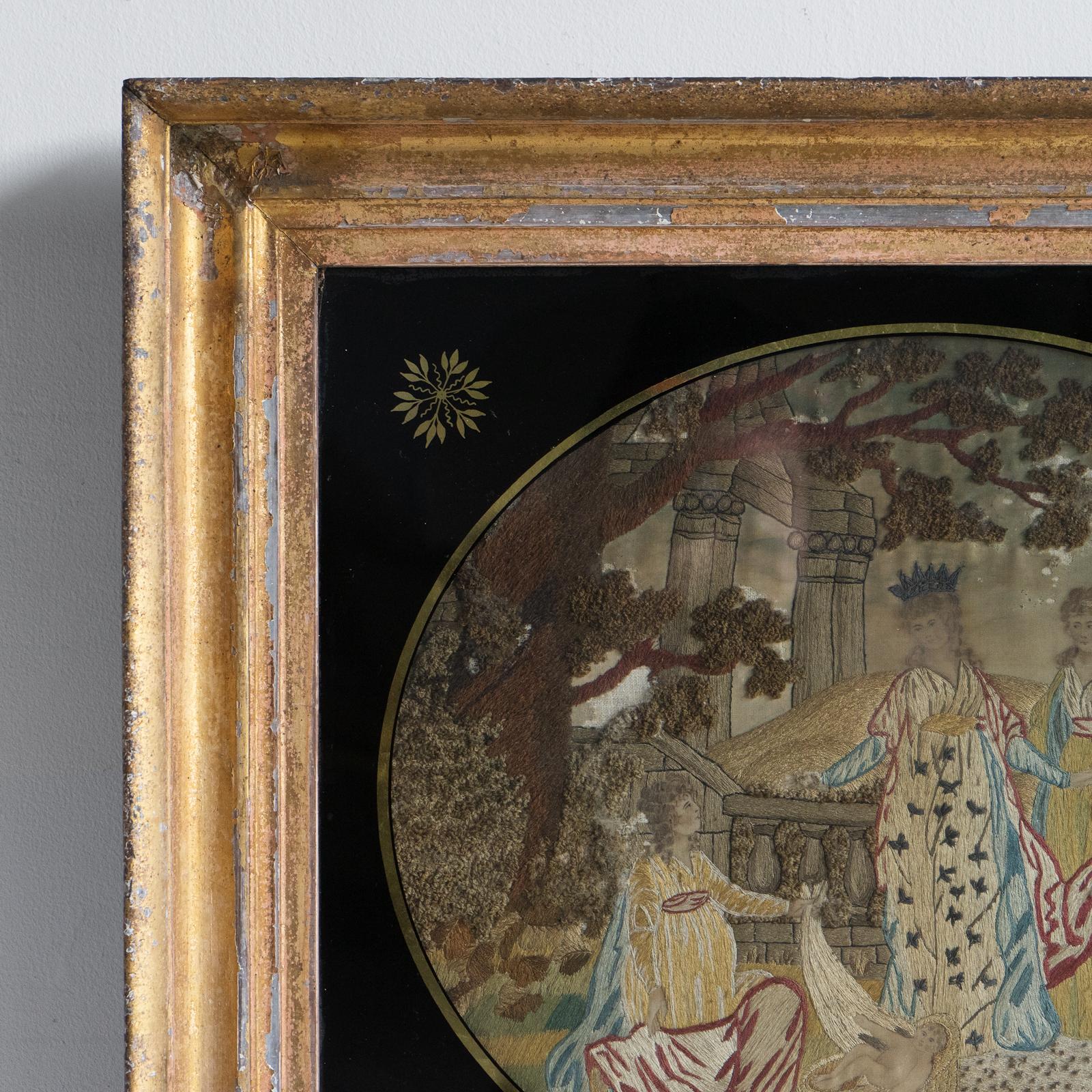 Broderie ancienne géorgienne en soie, Moïse dans les joncs, Verre Eglomise en vente 4