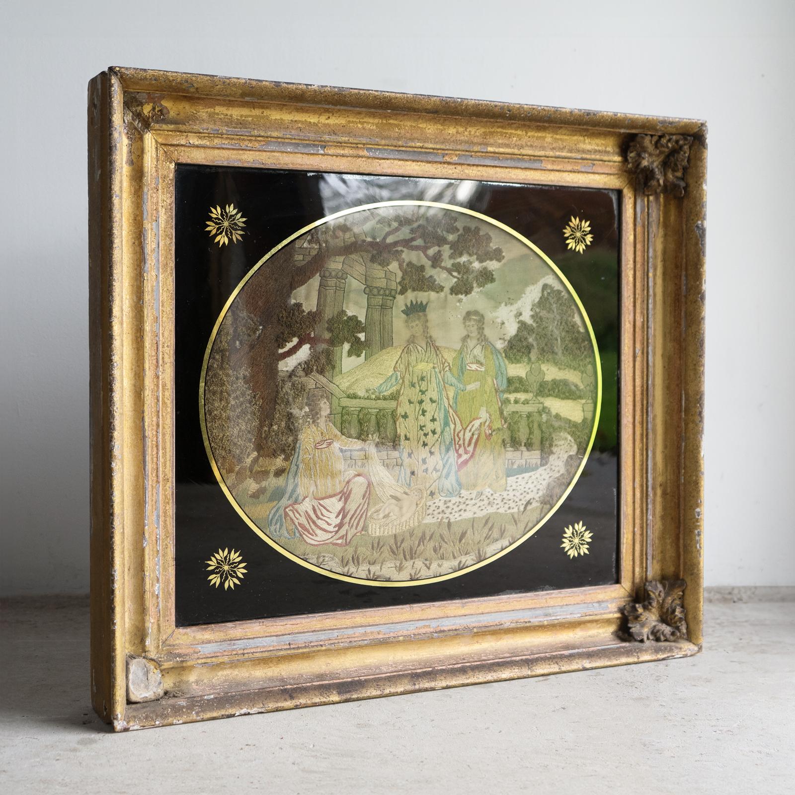 Broderie ancienne géorgienne en soie, Moïse dans les joncs, Verre Eglomise en vente 5