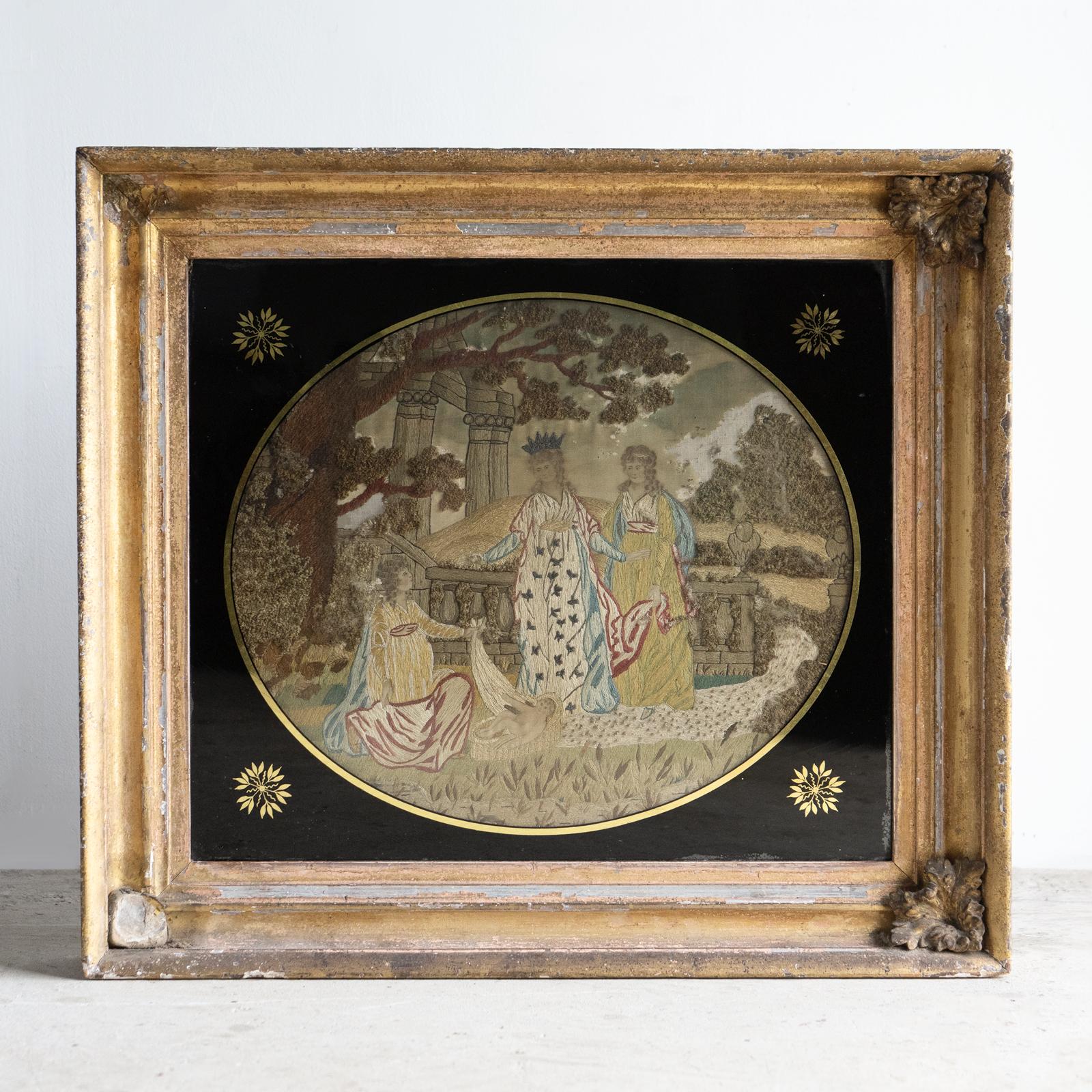 BRODERIE ANCIENNE EN SOIE GEORGE III, FIL D'ARGENT ET BRODERIE À L'AIGUILLE ET À LA SOUCHE

Une charmante représentation de l'enfant Moïse découvert dans les joncs par la fille du pharaon, le tout dans un paysage arcadien classique.

Les personnages