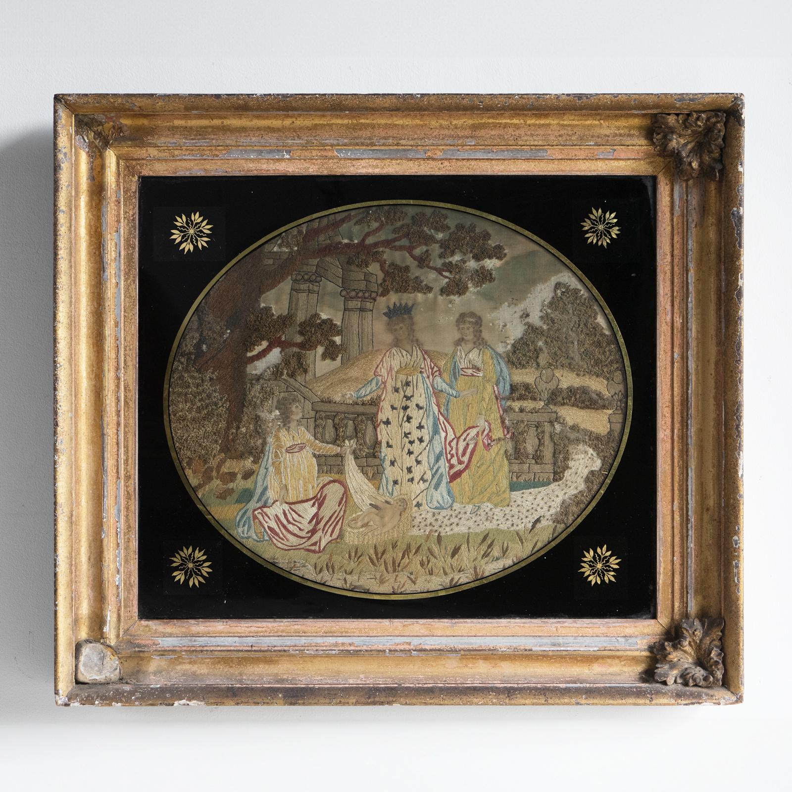 George III Broderie ancienne géorgienne en soie, Moïse dans les joncs, Verre Eglomise en vente