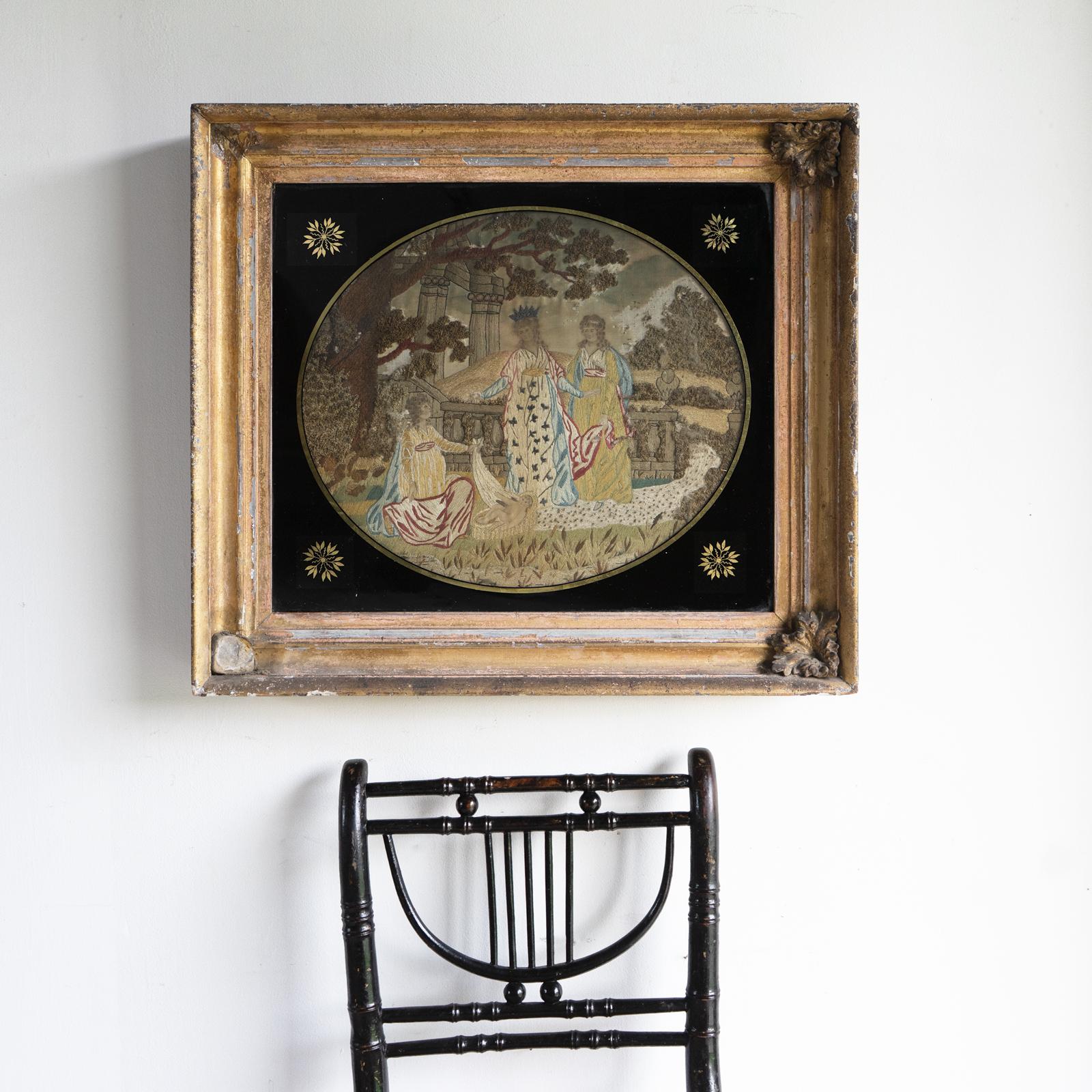 Broderie ancienne géorgienne en soie, Moïse dans les joncs, Verre Eglomise Bon état - En vente à Bristol, GB