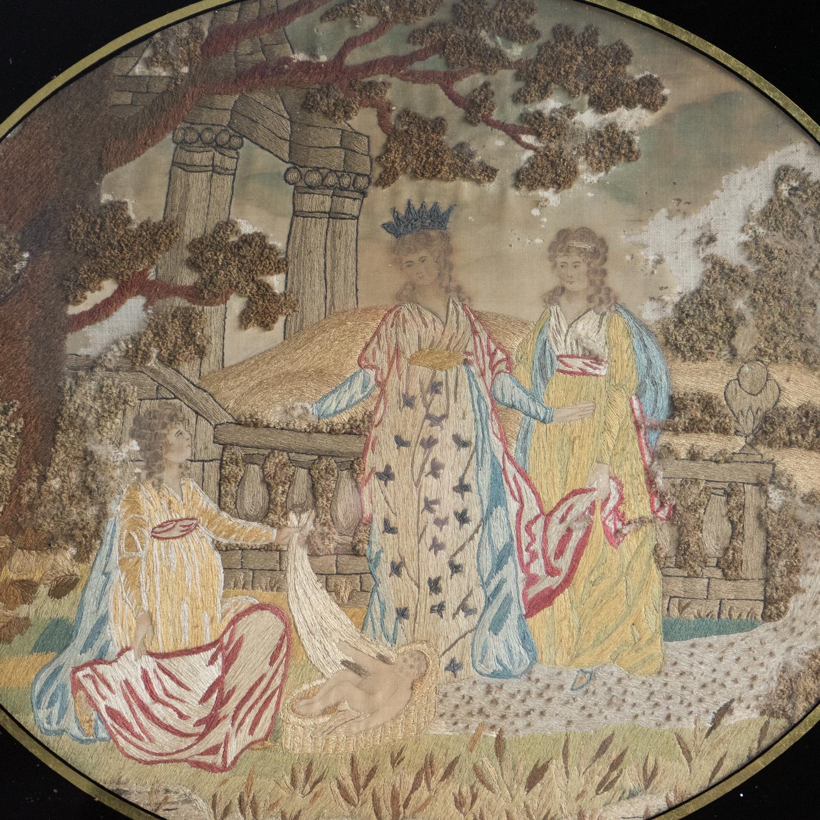 XVIIIe siècle et antérieur Broderie ancienne géorgienne en soie, Moïse dans les joncs, Verre Eglomise en vente