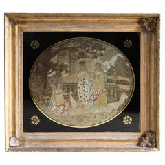 Antique Georgian Silkwork Embroidery, Moses In The Bullrushes, Verre Eglomise