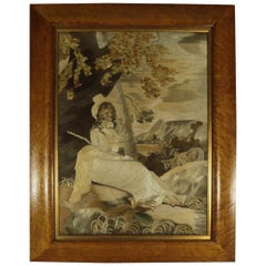 Antique Georgian Silkwork Embroidery Picture, Girl with Sheep