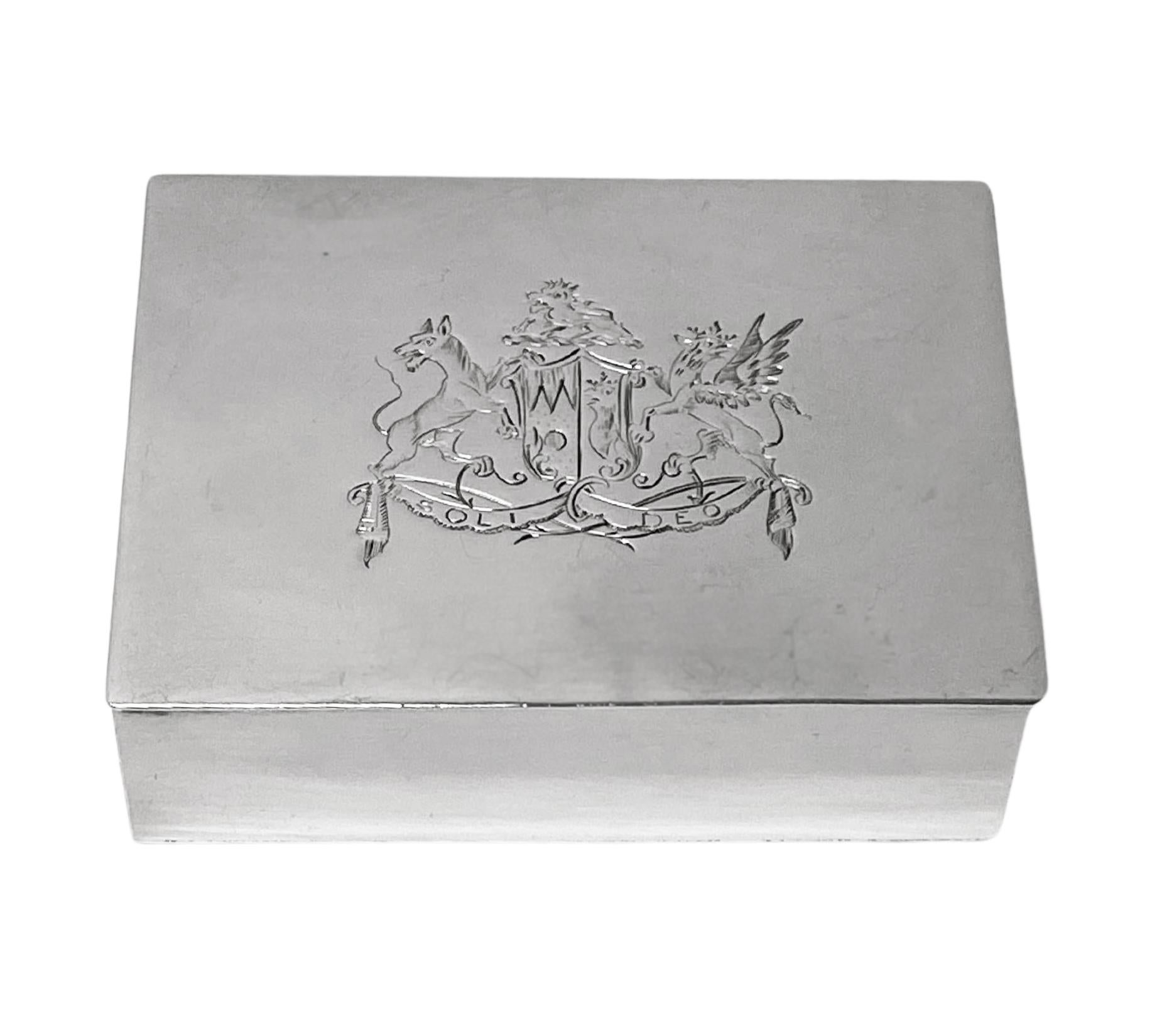 18th century Georgian Silver box London 1793 Henry Chawner and John Emes. The rectangular shape box plain with wonderful engraved coat of arms and motto Soli Deo ( God Alone). Perhaps a scholars box or tobacco snuff.  Measures: 3.12 x 2.31 x 1