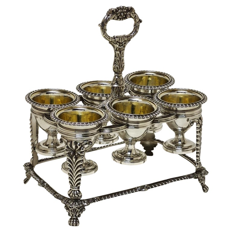 Antique Georgian Silver Egg Cruet Stand London England 1819 6 Egg Cups